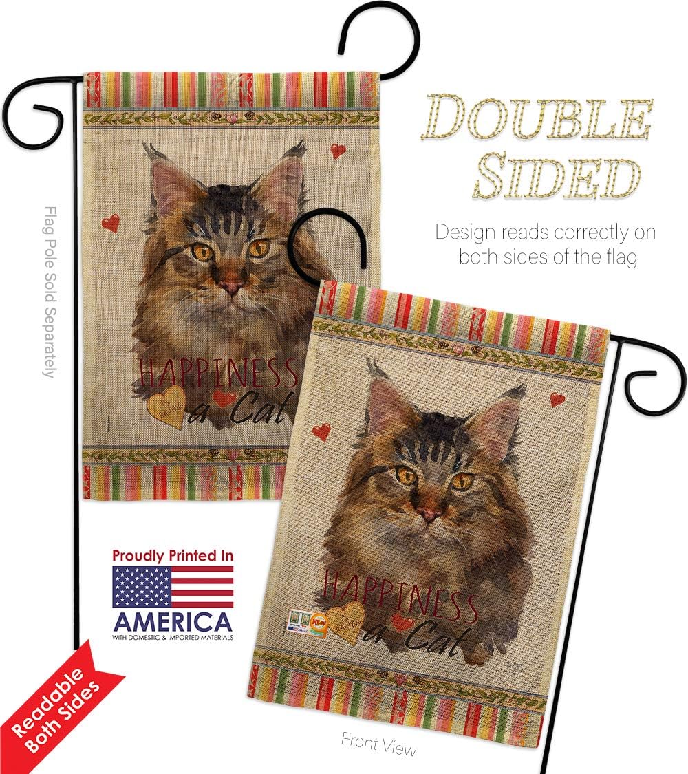 Maine Coon Happiness Burlap Burlap Garden Flag Animals Cat Kitten Meow Spoiled Paw Fur Pet Nature Farm Animal Creature Small Decorative Gift Yard House Banner Double-Sided Made In USA 13 X 18.5