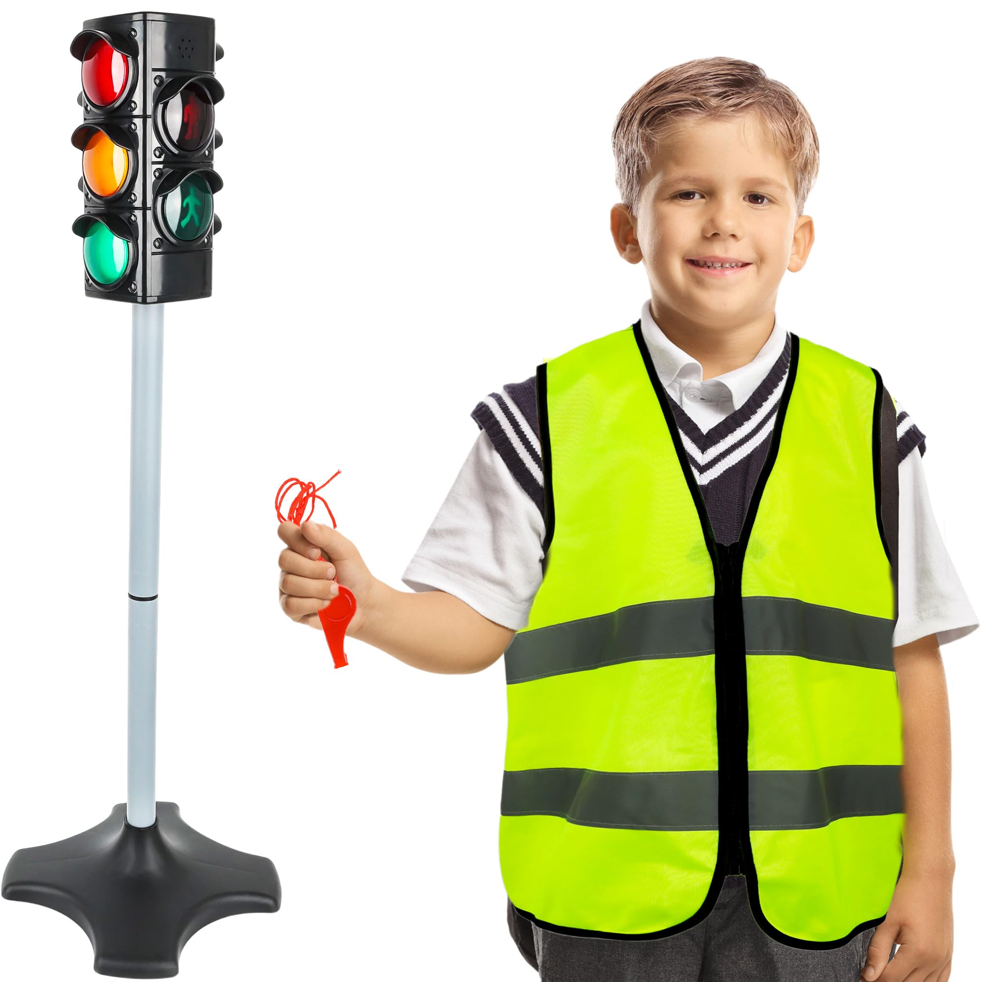 4 Pcs Kids Crossing Guard Set Police Traffic Vest Handle Stop and Go Sign Traffic Light Toy for Red Green Light Sign Educational Gift Teaching