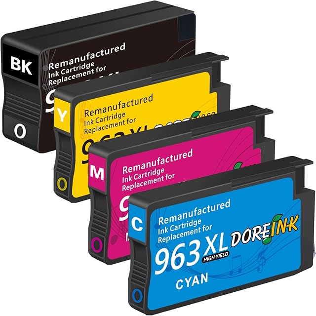 DOREINK 963XL Ink Cartridges Replacement for HP 963 Ink Cartridges XL Multipack for HP OfficeJet Pro 9010 9015 9020 9019 9025 9012 9022 9014 9016 9013 Inkjet Printer(Black Cyan Magenta Yellow, 4-Pack)