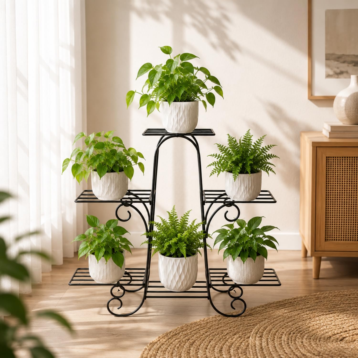Premium 6-Tier Metal Plant Stand | Luxury Multi-Layer Flower Pot Display Rack | Foldable Heavy Duty Iron Flower Pot Stand | Decorative Multi-Level Plant Rack for Balcony, Living Room, Patio & Garden | Black | 24 x 8.5 x 25 Inch-image-40
