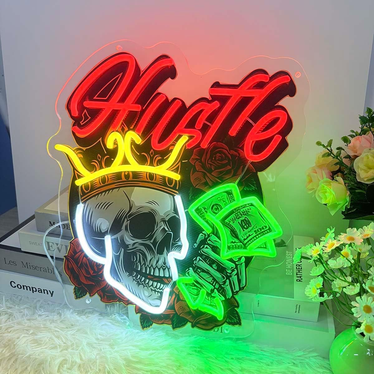 Rich Skull Neon Sign Wall Decor UV Print Skull Money Artwork Neon Pop Art Bar Beer Decor Man Cave Sign Bedroom Home Wall Decor (15 inch)