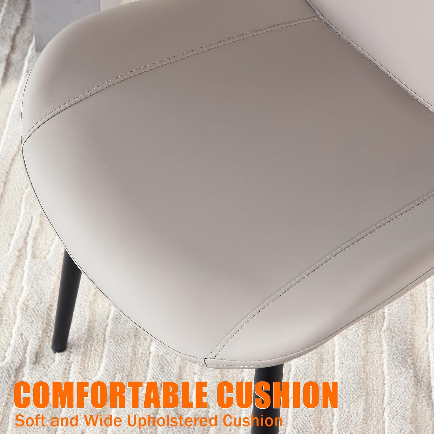 Close-up of the chair seat with text 'COMFORTABLE CUSHION' highlighting the soft and wide upholstered cushion.