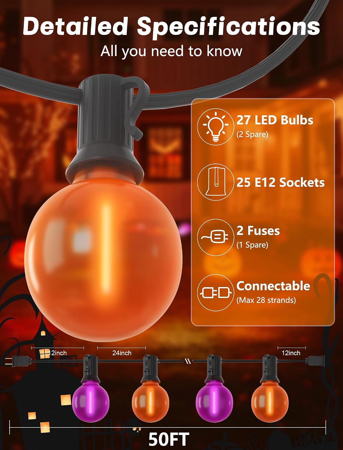 50ft Halloween Outdoor String Lights, G40 LED Halloween Globe Lights with 27 Frosted Orange and Purple Bulbs(2 Spare) for Outdoor Indoor Patio Yard Roofline Decorations, E12 Socket, Black Wire