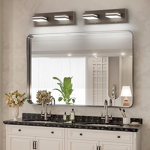 Miniatura 5 de SineRise Moderna lámpara LED para tocador de baño (2 luces, 15.5 pulgadas, regulable), madera marrón, pintada de acrílico, moderna lámpara de pared