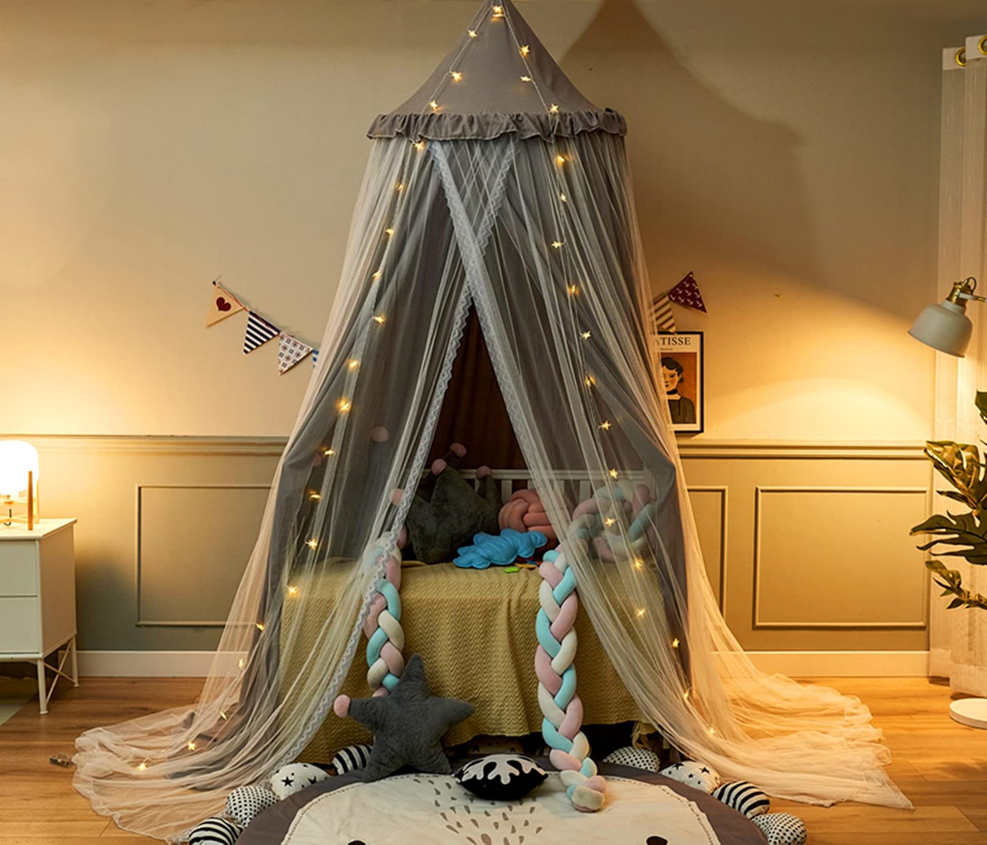 Dosel de Cama para niñas Doble Capa Princesa Cúpula Redonda Mosquitera soñadora Habitación de niñas Castillo Tienda de Juego Casa Colgante Decoración Rincón de Lectura Doseles(Gris/Blanco)