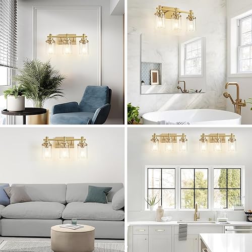 Miniatura 7 de Lámpara de tocador de baño dorada de 3 luces sobre el espejo, lámpara de tocador de latón cepillado, lámpara moderna de pared de baño, luz de