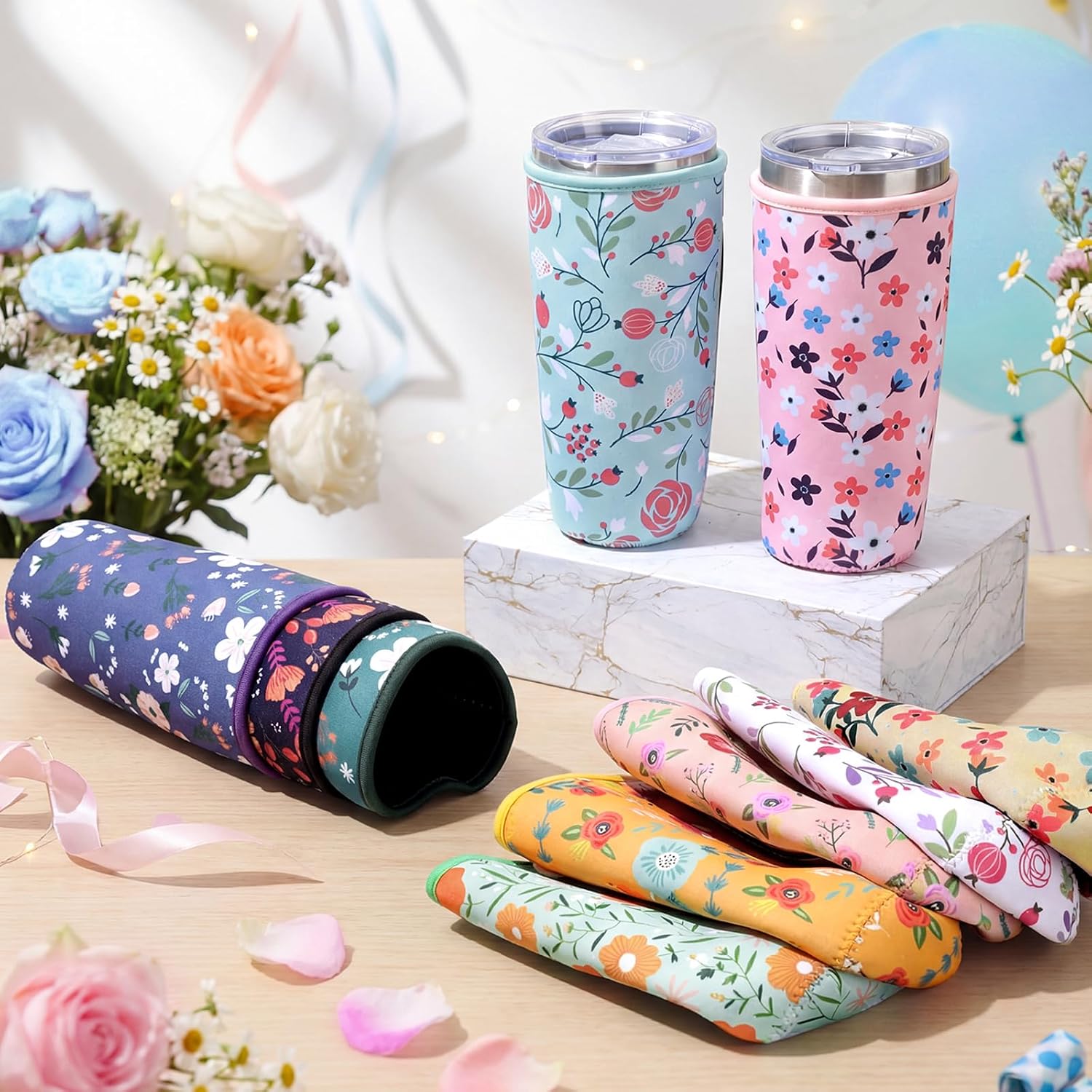 Layhit 10 Pcs Wildflower Reusable Iced Coffee Sleeve with Handle, 30-32 oz