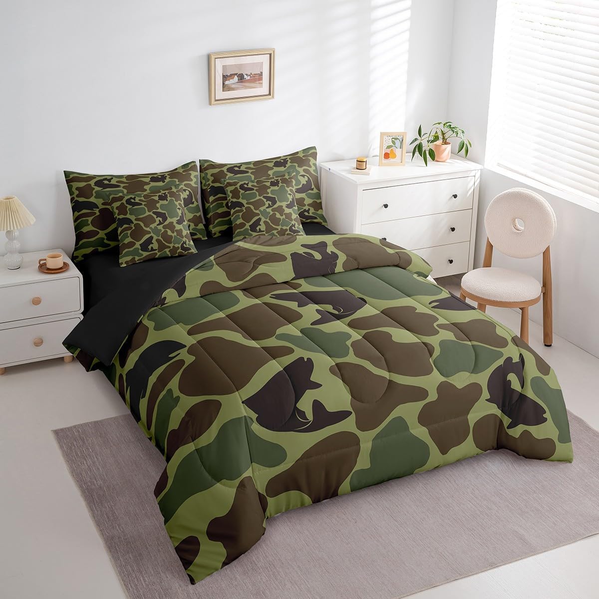 Erosebridal Fish Hunting Comforter Set Full Size Army Camouflage Hunter Bedding Sets 7 Piece Rustic Wildlife Bed in a Bag Farmhouse Bass Fish Sheet Set with Comforter Vintage Army Green Decor