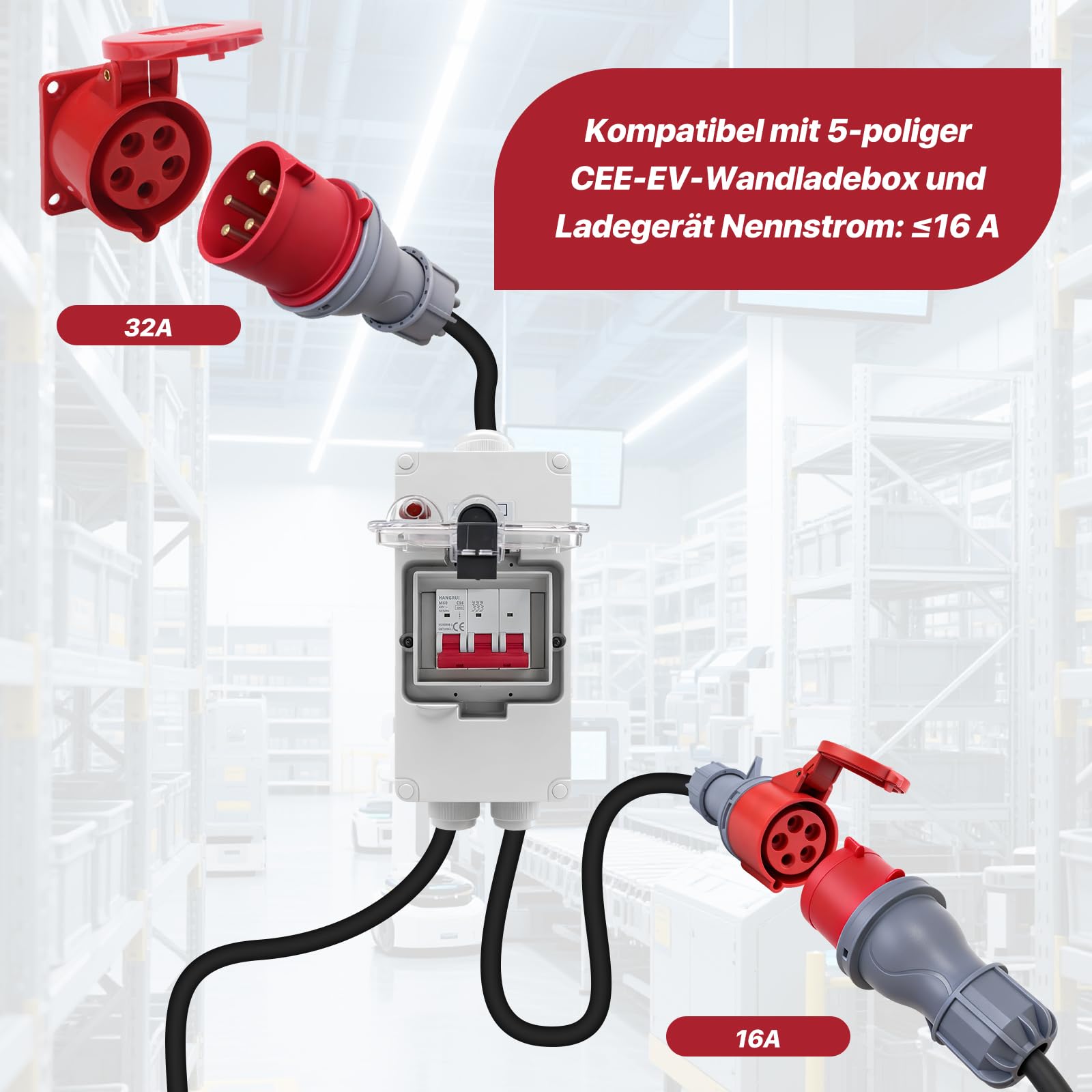 CEE Adapter 32A auf 16A, CEE Stecker Starkstromkabel Verlängerungskabel 220V-380V, IP44-66 Starkstrom Verteiler mit RCD Leitungsschutzschalter, 5 Pin Steckdose für Werkstatt, Baustelle