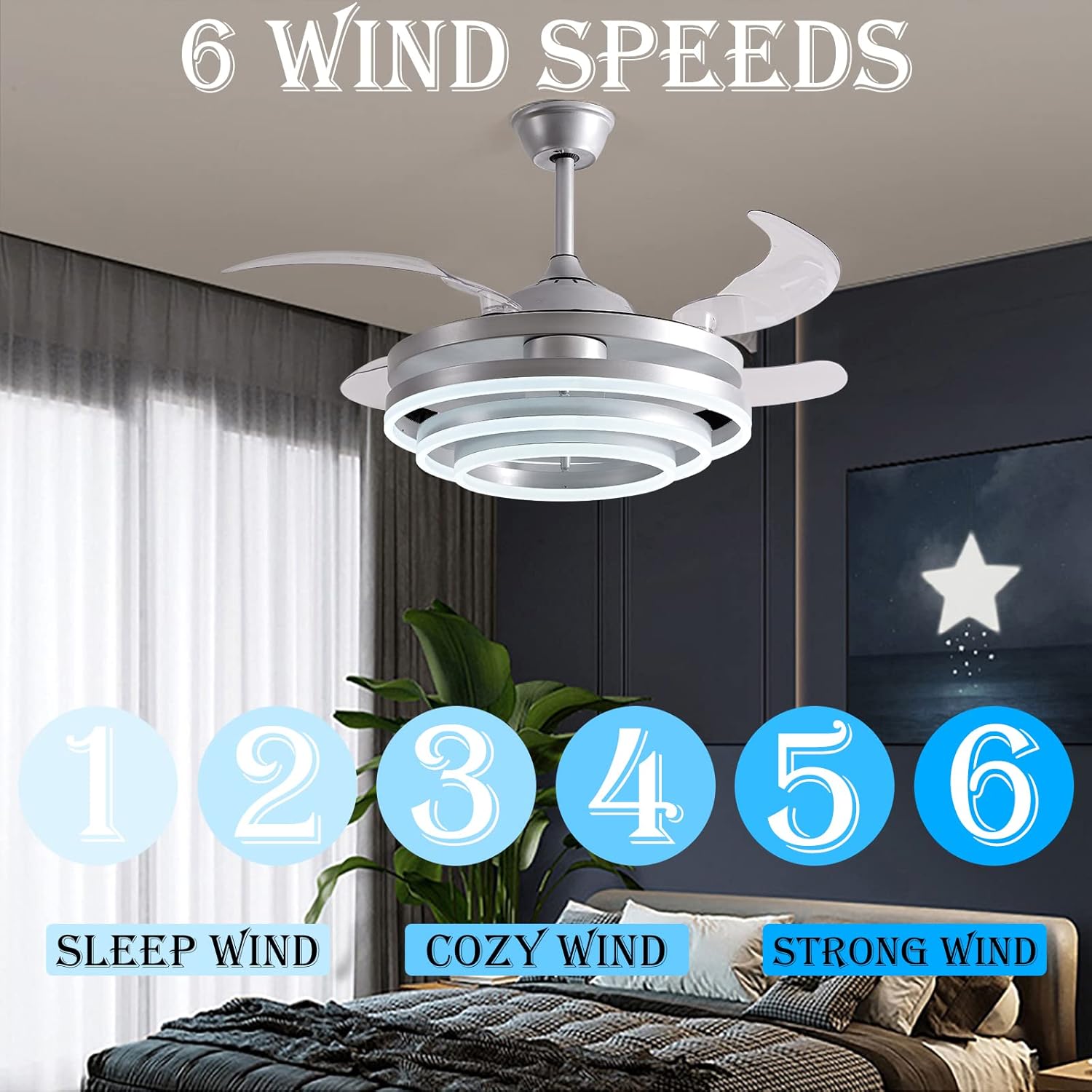 42" Invisible Ceiling Fan Chandelier Light,Modern DIY Ceiling Fan Light Remote Control 4 Retractable ABS Blades for Bedroom Living Dining Room Decoration