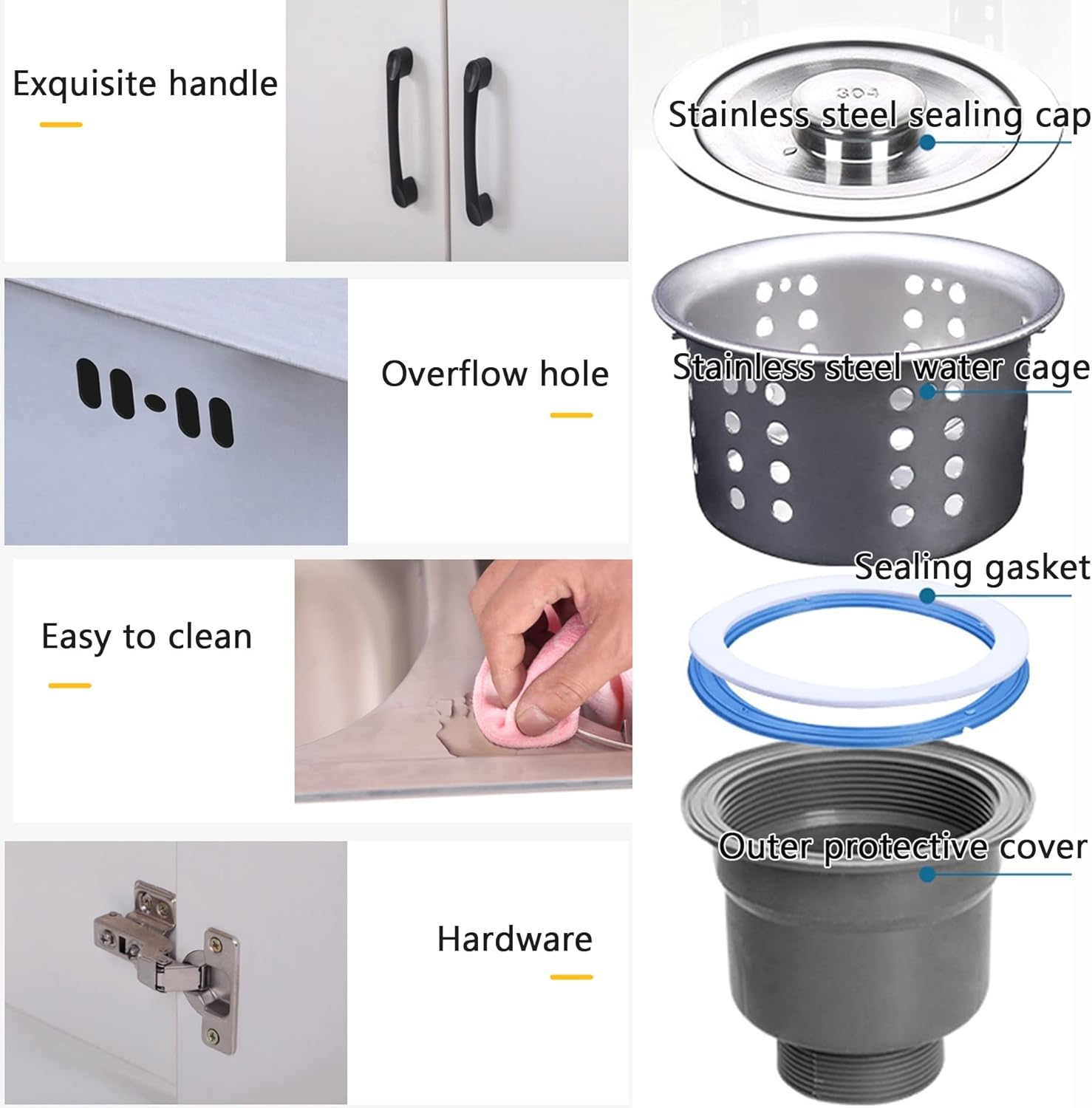 Stainless Steel Kitchen Sink Cabinet with 2 Doors Complete Kitchen Sink Unit with Faucet 1 Bowl Washbasin Under-Sink Storage for Indoor/Outdoor Use,Black Gray-58x43cm