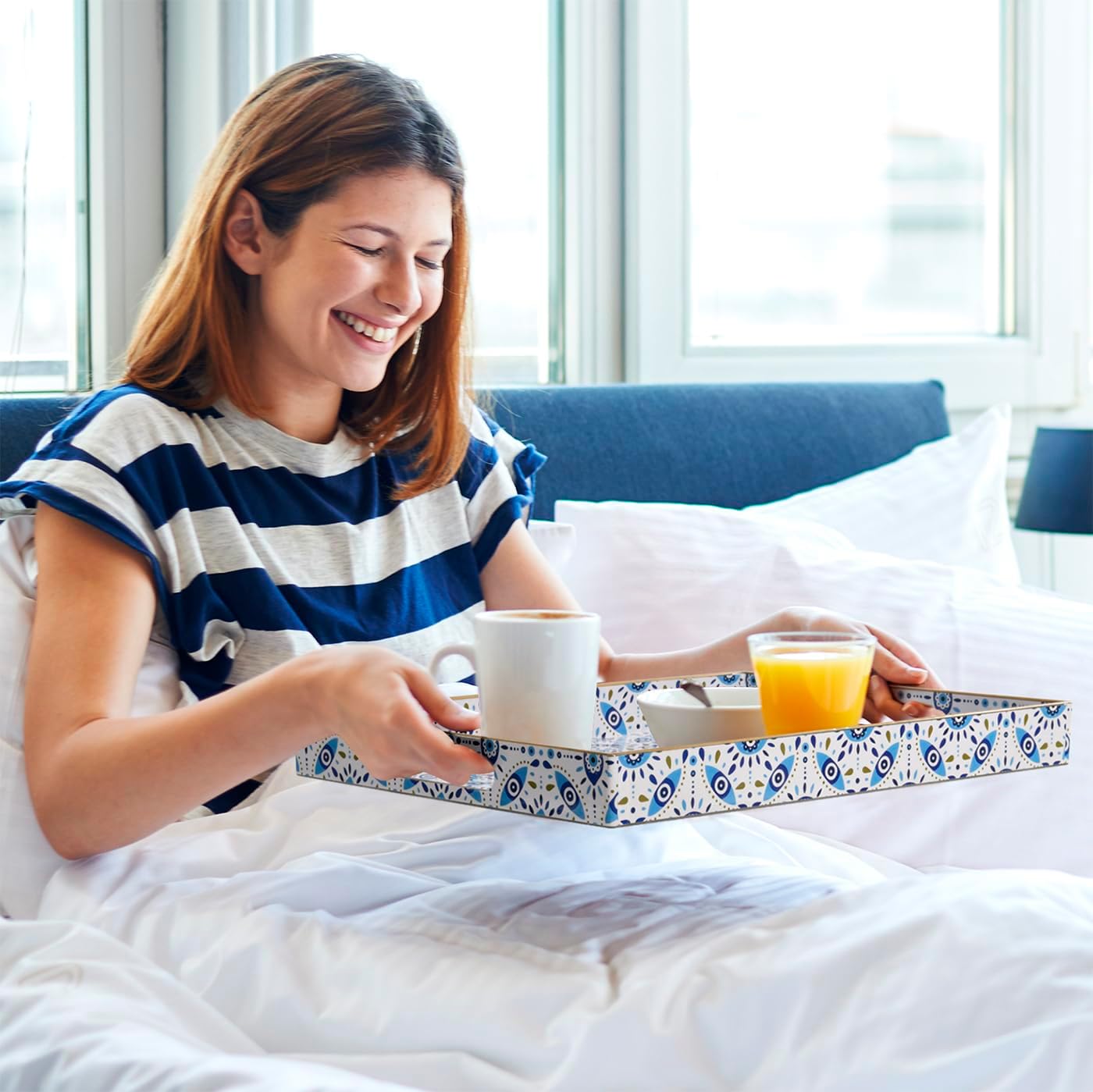 Evil Eye Rectangular Serving Tray with Handles – Plastic Decorative Trays for Coffee Table for Ottoman, Bathroom, Kitchen and Living Room, 15.7" L x 11.8" W x 1.57" H (Rectangular)