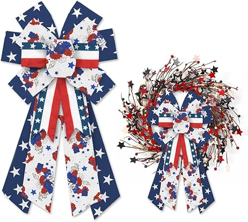 Miniatura 10 de Heureppy Arcos de corona patrióticos grandes para el 4 de julio, lazos de decoración para corona, bandera estadounidense, estrellas azules, lazos de