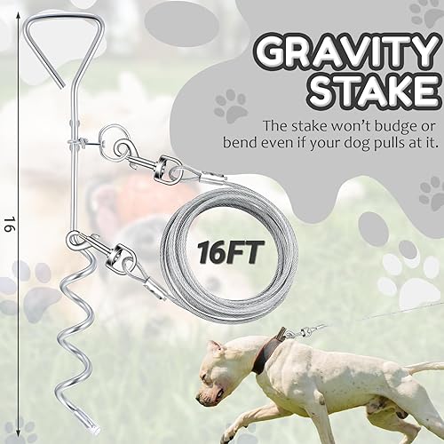 Miniatura 2 de Amylove 2 cables y estaca de amarre para perro, cadena exterior de 16 pies para perros medianos a grandes de hasta 125 libras, estaca espiral