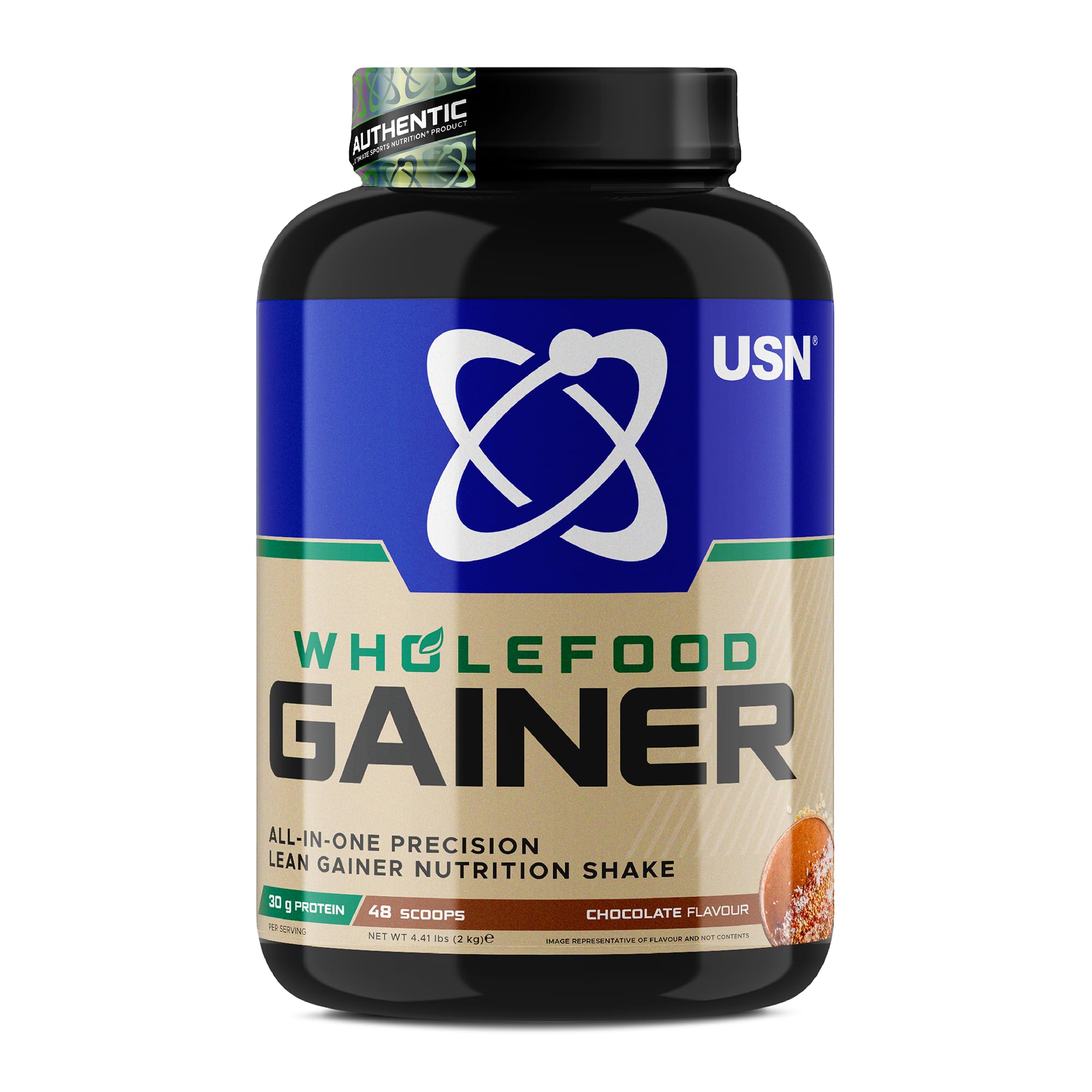 USN Wholefood Muscle Gain Protein Powder, Chocolate Flavour - 2kg, Natural Muscle Growth & Mass Gainer, All-in-One 30g Vegan Protein Powder, Meal Replacement & Dietary Supplement Protein Shake Mix