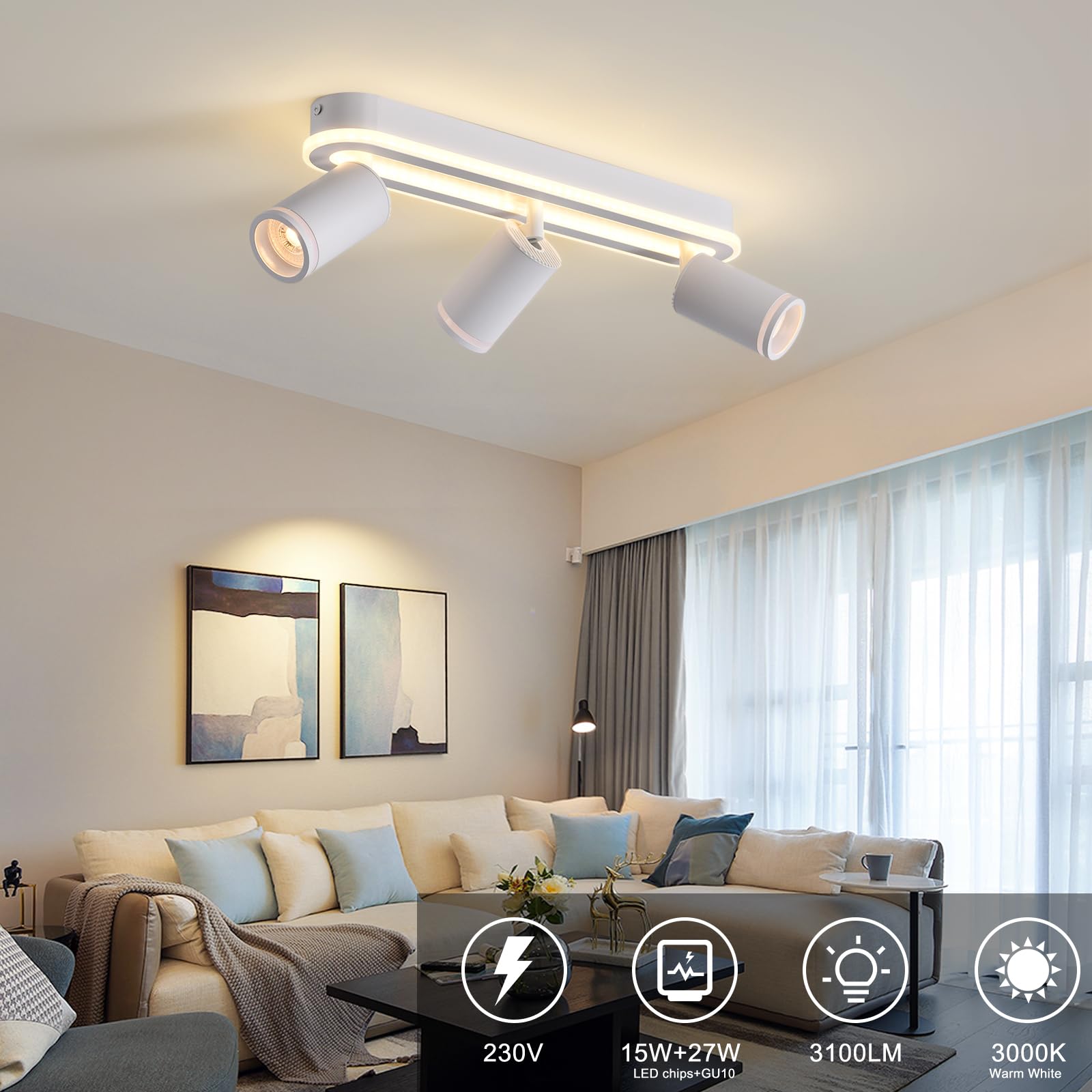 MYCUL LED Deckenstrahler 3 Flammig Schwenkbar 350°, Deckenleuchte mit unteres Glühen 27W+3x5W GU10 Spots,3000K Warmweiß Deckenspot strahler,Modern Deckenlampe Lampe,Spotleuchte für Küche,Flur-Weiß