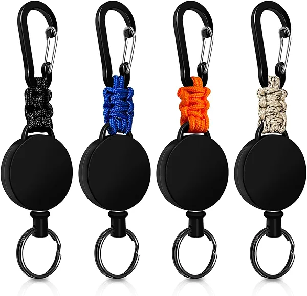 Retractable Keychain 4 Pieces Heavy Duty Carabiner Badge Holder Retractable Badge Reel ID Holder Extendable Key Ring Key Holder with 23.6” Steel Cord and Paracord(Black + Beige + Blue + Orange)