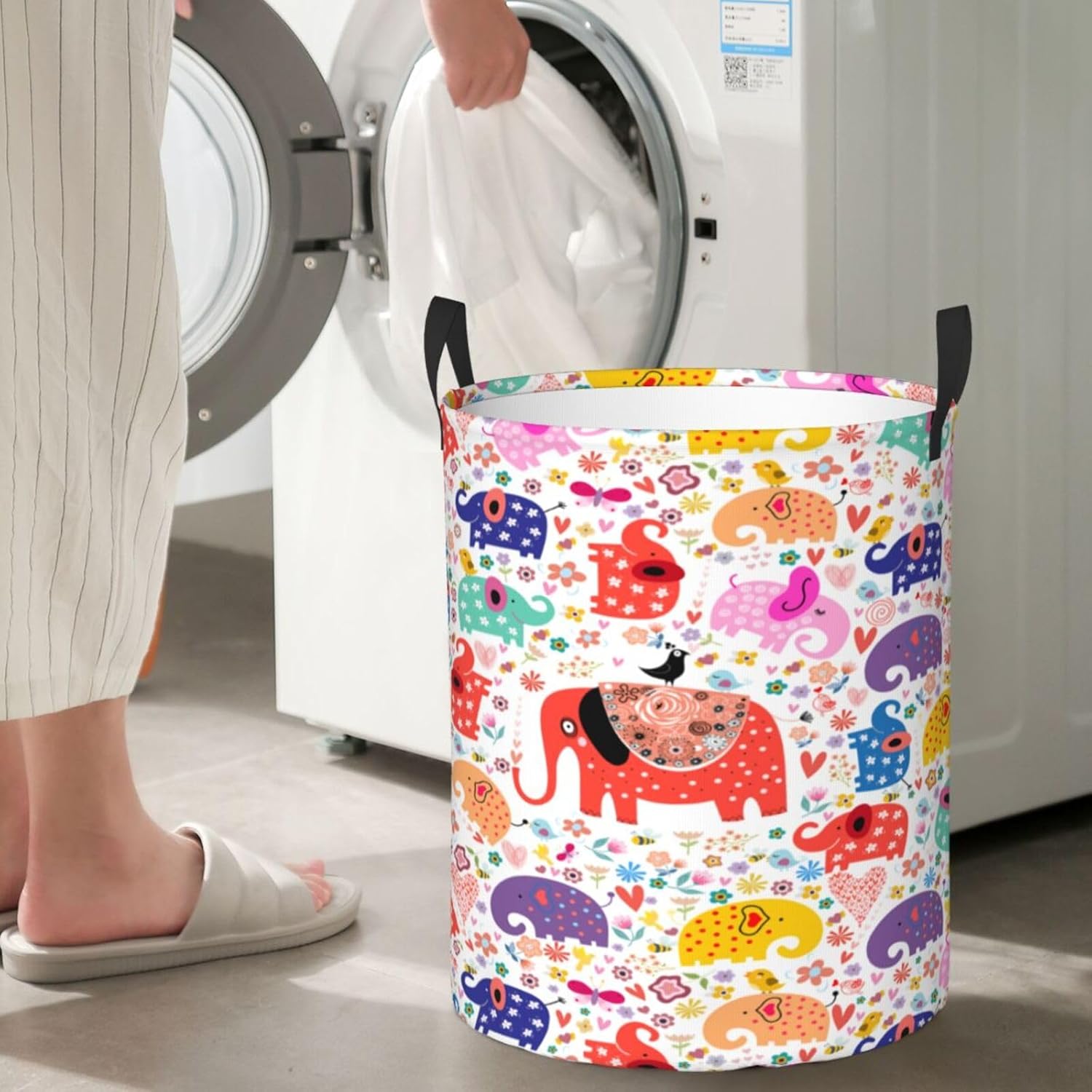 Elephants Flowers Laundry Baskets, Elephant Laundry Hamper With Handle Waterproof Collapsible Dirty Clothes Storage Toys Dolls Organize, Animal Laundry Hamper For Kids Adults Home Decoration
