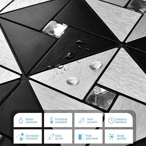 Miniatura 4 de Art3d Azulejos de mosaico de metal para decoración de pared de cocina, adhesivos en azulejos compuestos de aluminio, molino de viento negro y