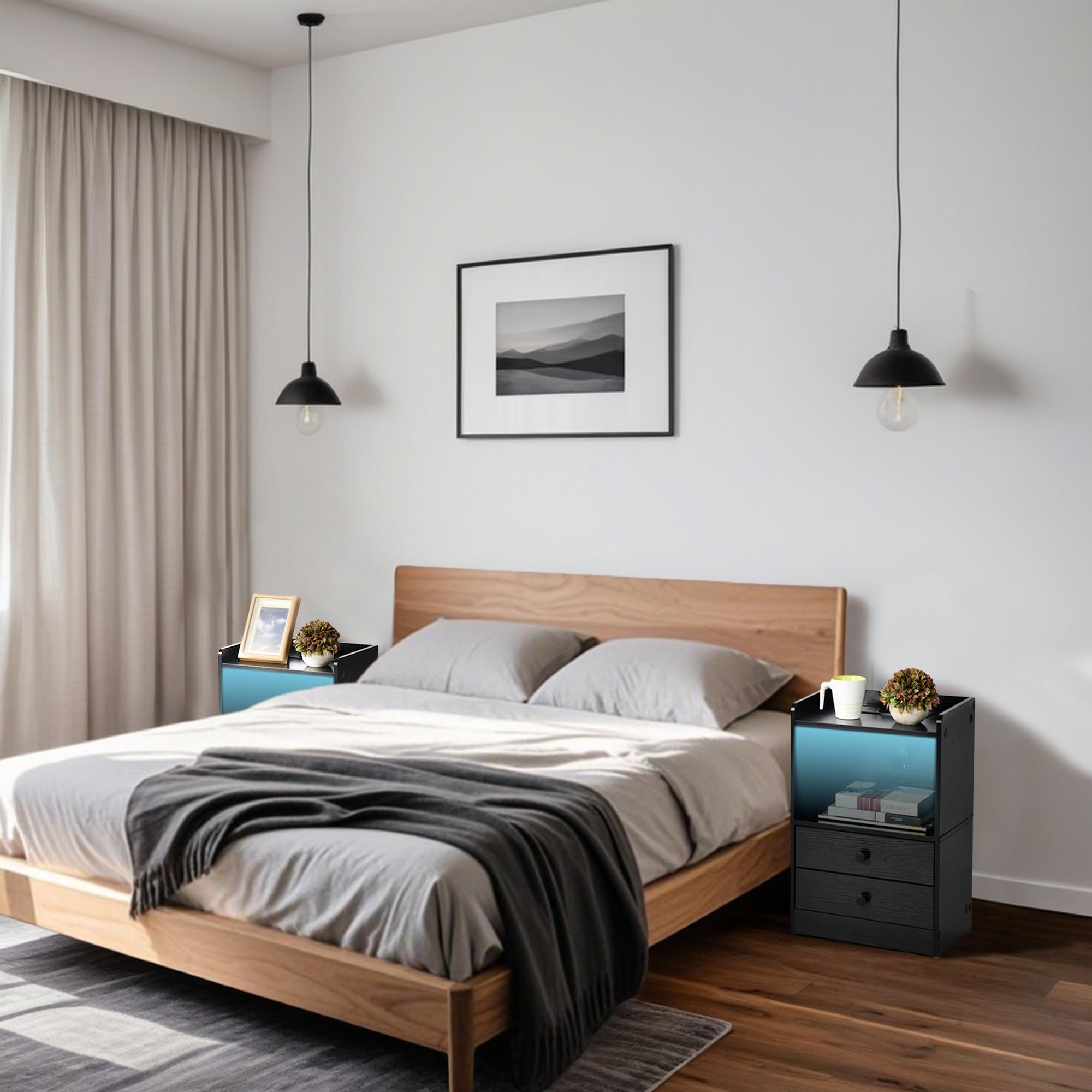FurnitureR Table de Nuit avec Eclairage LED, Eclairage Ambiant Multicolore, Rangement à Deux Tiroirs, Armoire Compacte pour Chambre à Coucher avec Station de Chargement USB, MDF Noir, 38 x 26 x 56cm