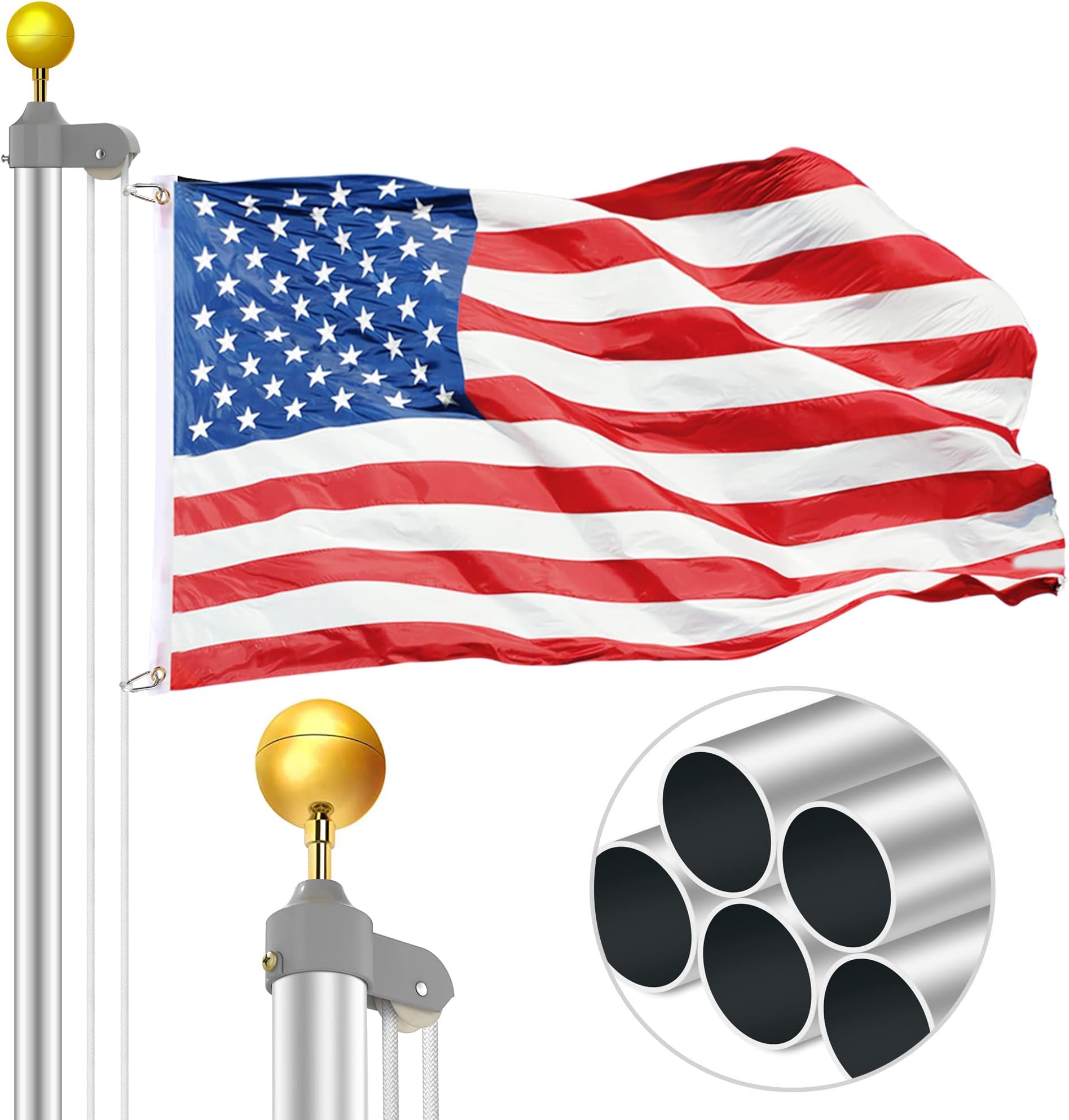 20FT Sectional Flag Pole, Extra Thick Heavy Duty Aluminum Flagpole Kit with 3x5 US Flag and Golden Ball Topper, In Ground Flagpole for Commercial, Residential, Outdoor and Yard