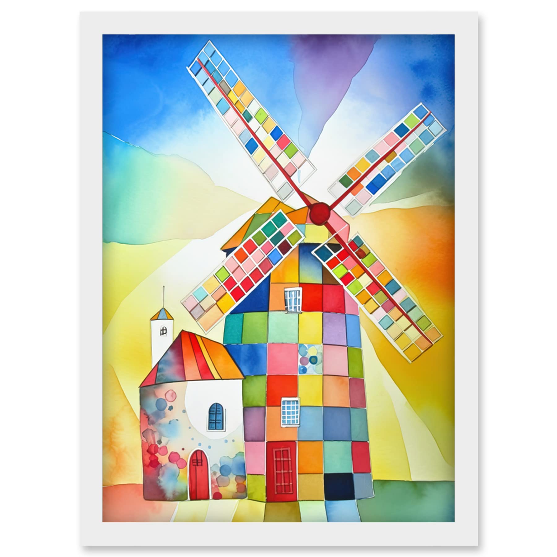Artery8 Abstract Patchwork Windmill Old Amsterdam Folk Art Artwork Framed Wall Art Print A4
