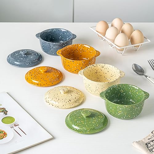 Miniatura 6 de Juego de 4 mini cocotte de cerámica para horno, cacerolas pequeñas de 10 onzas con asas y tapa, olla individual para soufflé, sopa, cobbler, moldes
