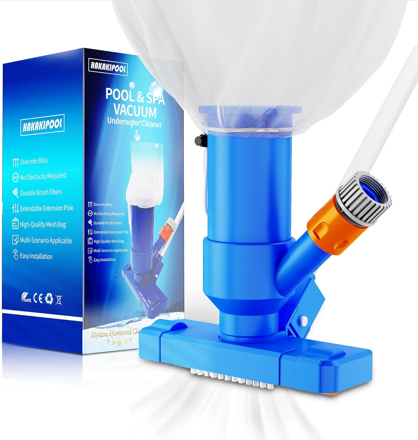 Pool Vacuum Cleaner for Above Ground Pool, 52" Telescopic Pole Jet Underwater Cleaner with 3 Scrub Brushes and Mesh Net, Portable for Spa Fountain Pond Hot Tub Lake, Attaches to Garden Hose (Blue)