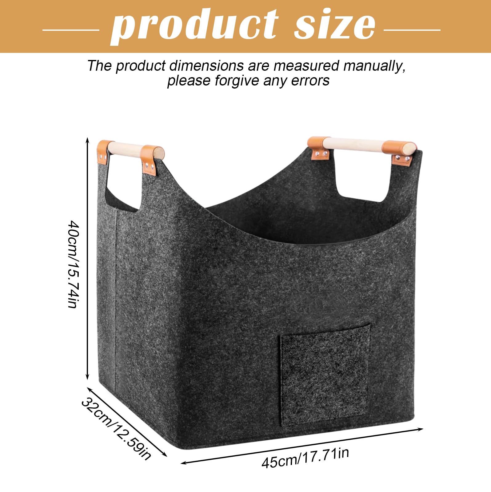 Panier à bois de chauffage en feutre pliable avec poignée en bois renforcé, panier de rangement pour bois de cheminée, courses, journaux (gris)