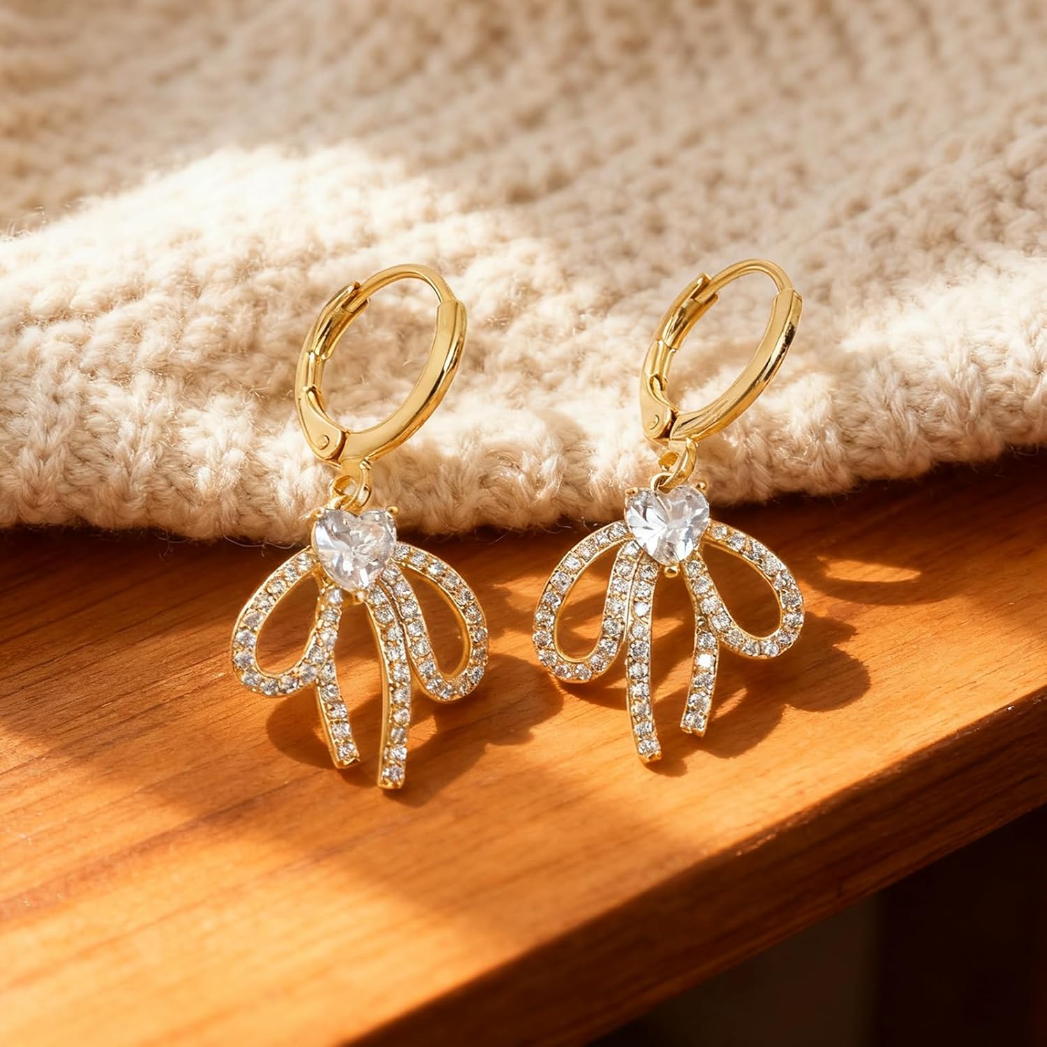 Sonateomber Gold Bow Dangle Small Hoop Earrings for Women, Cute Christmas Tree Sparkly CZ Rhinestone Snowflakes Ribbon Drop Earings Holiday Xmas Accessories Fashion Jewelry Gift - Image 5