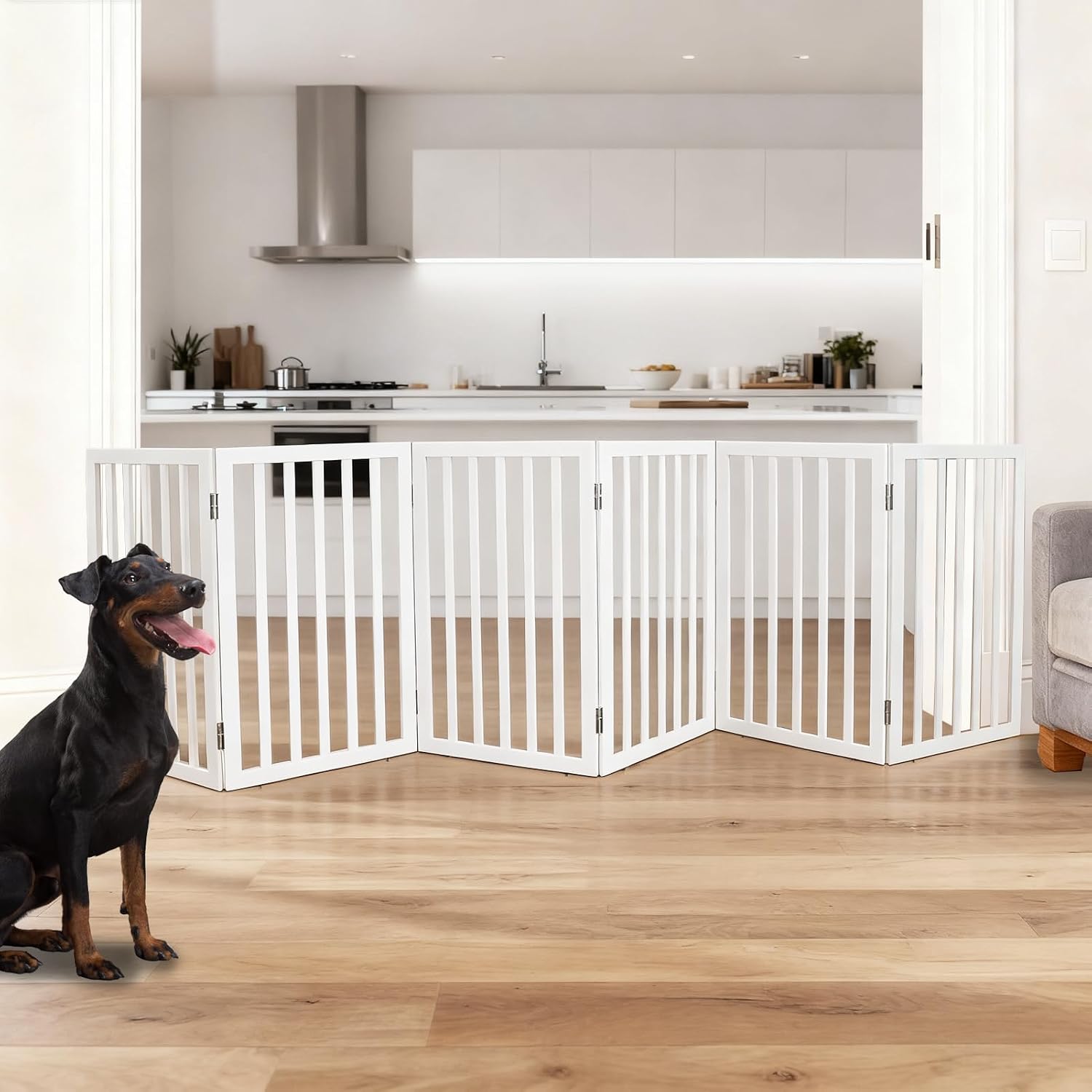 ZJSF Freestanding Indoor Dog Gate for House Foldable Wood White Puppy Gate for Doorways Pet Gate for Stairs Extra Wide Pet Fence 32" Height 6 Panels
