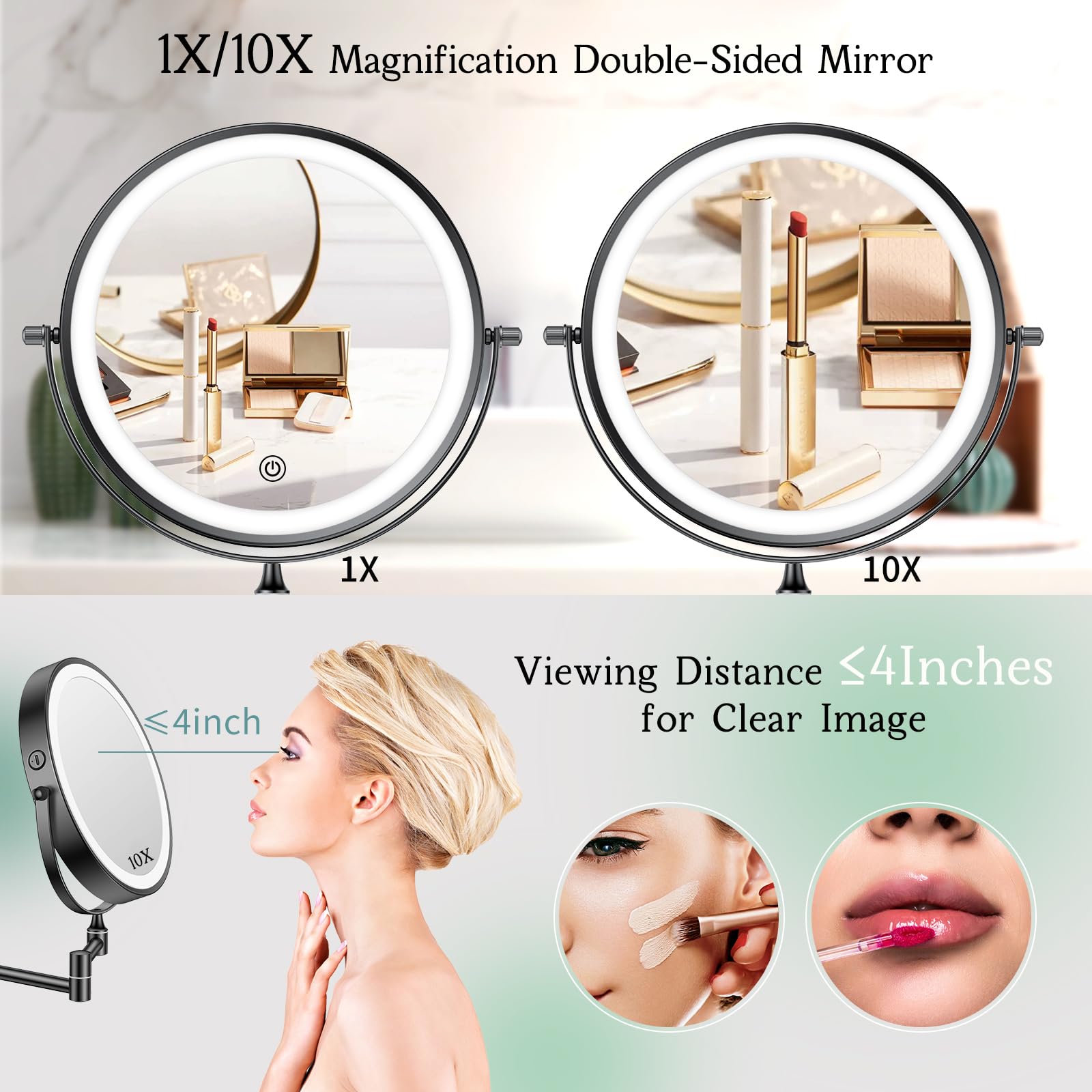 Specchio Da Trucco LED Famihomii Ricaricabile - 1X/10X Ingrandimento, Touch, Orientabile A Parete - Foto 11