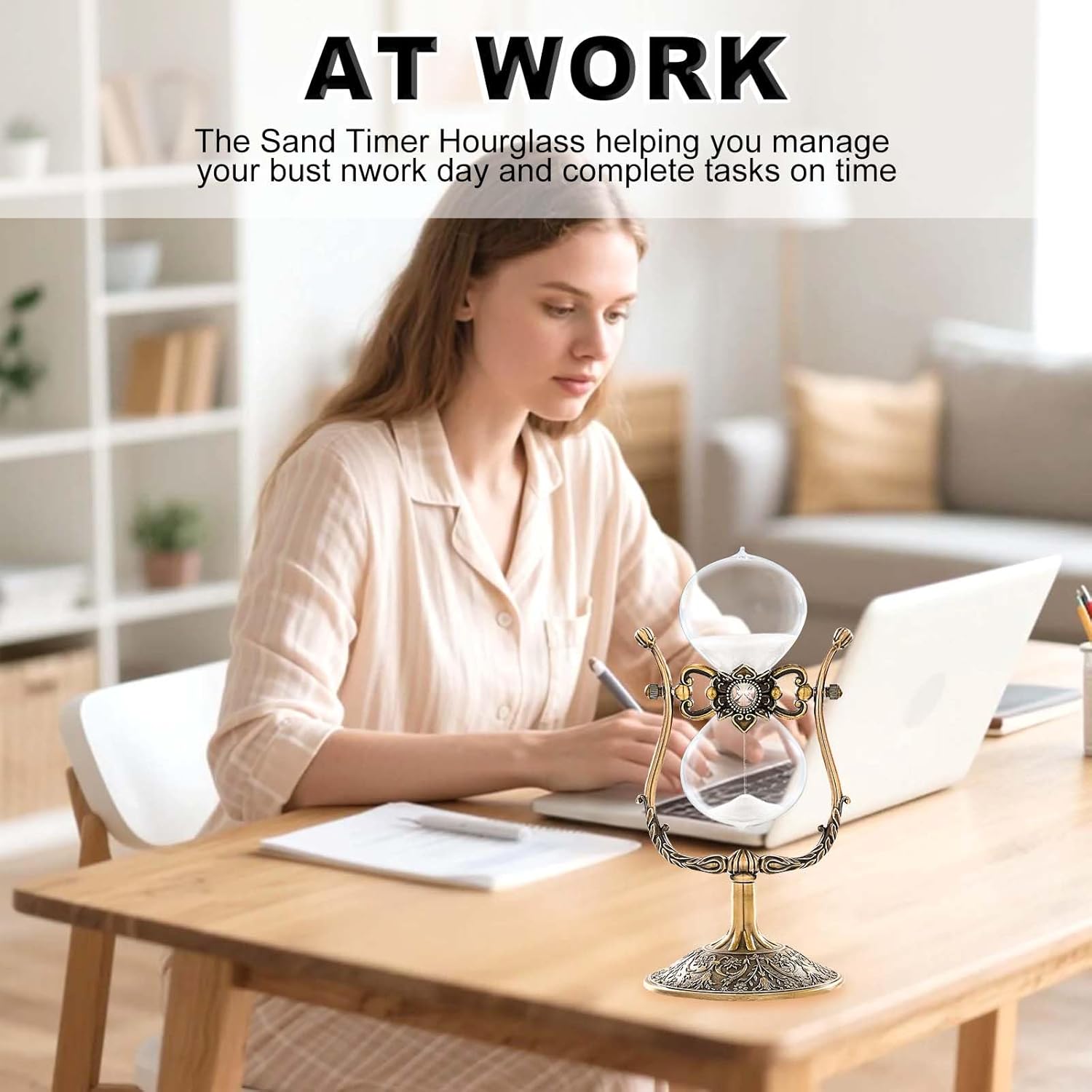 30 Minute Hourglass,Unique Engraving Rotating Sand Timer Clock, Antique Metal Sand Watch 30 Min, Vintage Brass Hour Glass Sandglass for Home, Desk, Office Decor (White)