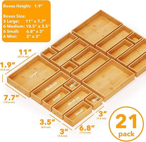 Miniatura 3 de SpaceAid Juego de 21 cajas de almacenamiento organizadoras de cajones de bambú, bandeja de madera, organizadores de cajones de basura, contenedores