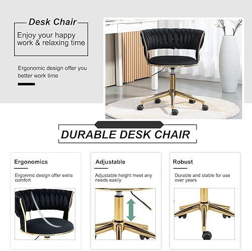Miniatura 6 de Goujxcy Silla giratoria de terciopelo silla de escritorio de terciopelo con base dorada bonita silla de tocador de maquillaje para mujeres y niñas