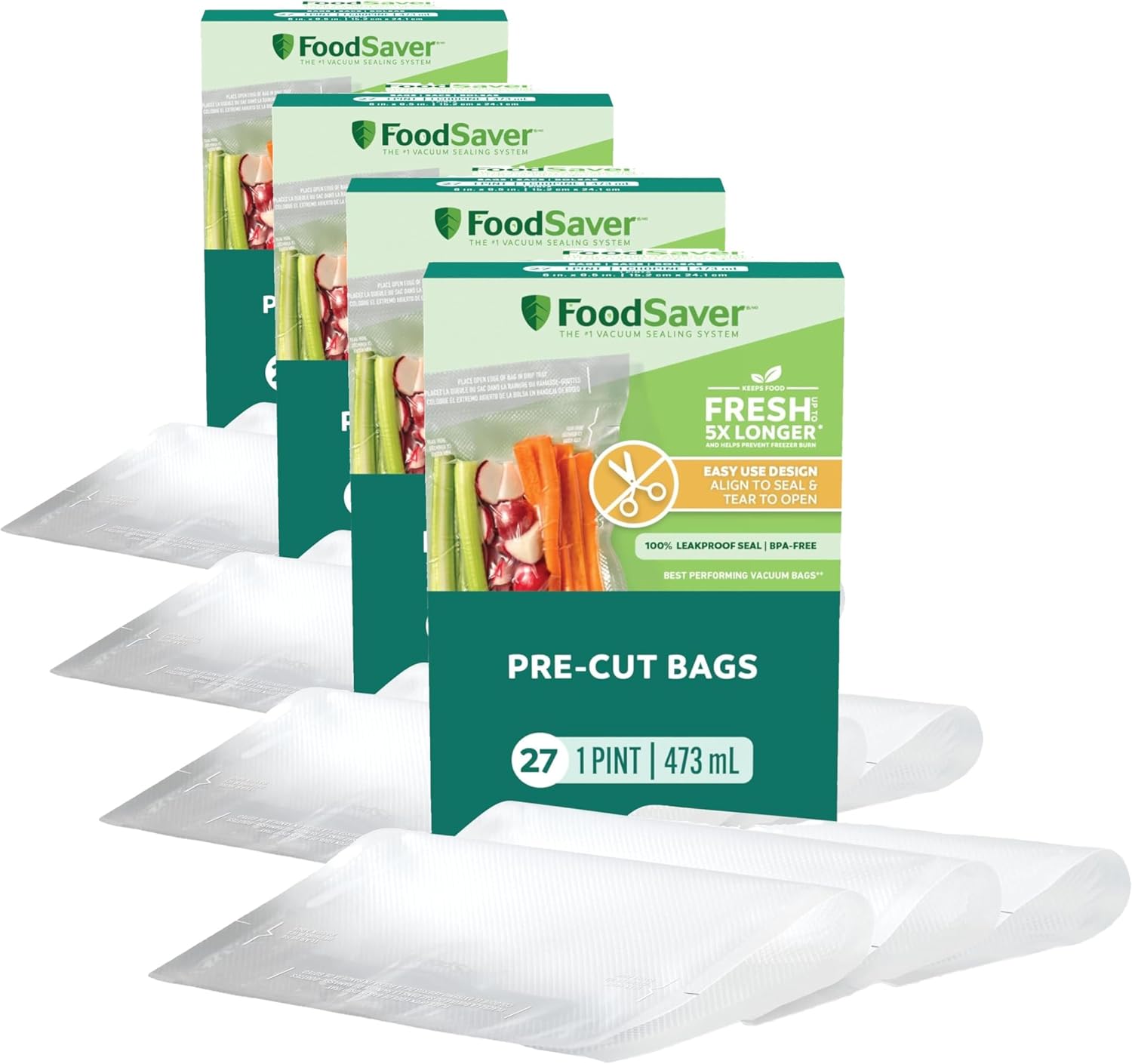 FoodSaver Pint Pre-Cut Vacuum Seal Bags, Easy Use Vacuum Storage Bags, Align to Seal and Tear to Open Vacuum Sealer Storage Bags, 108 Pack