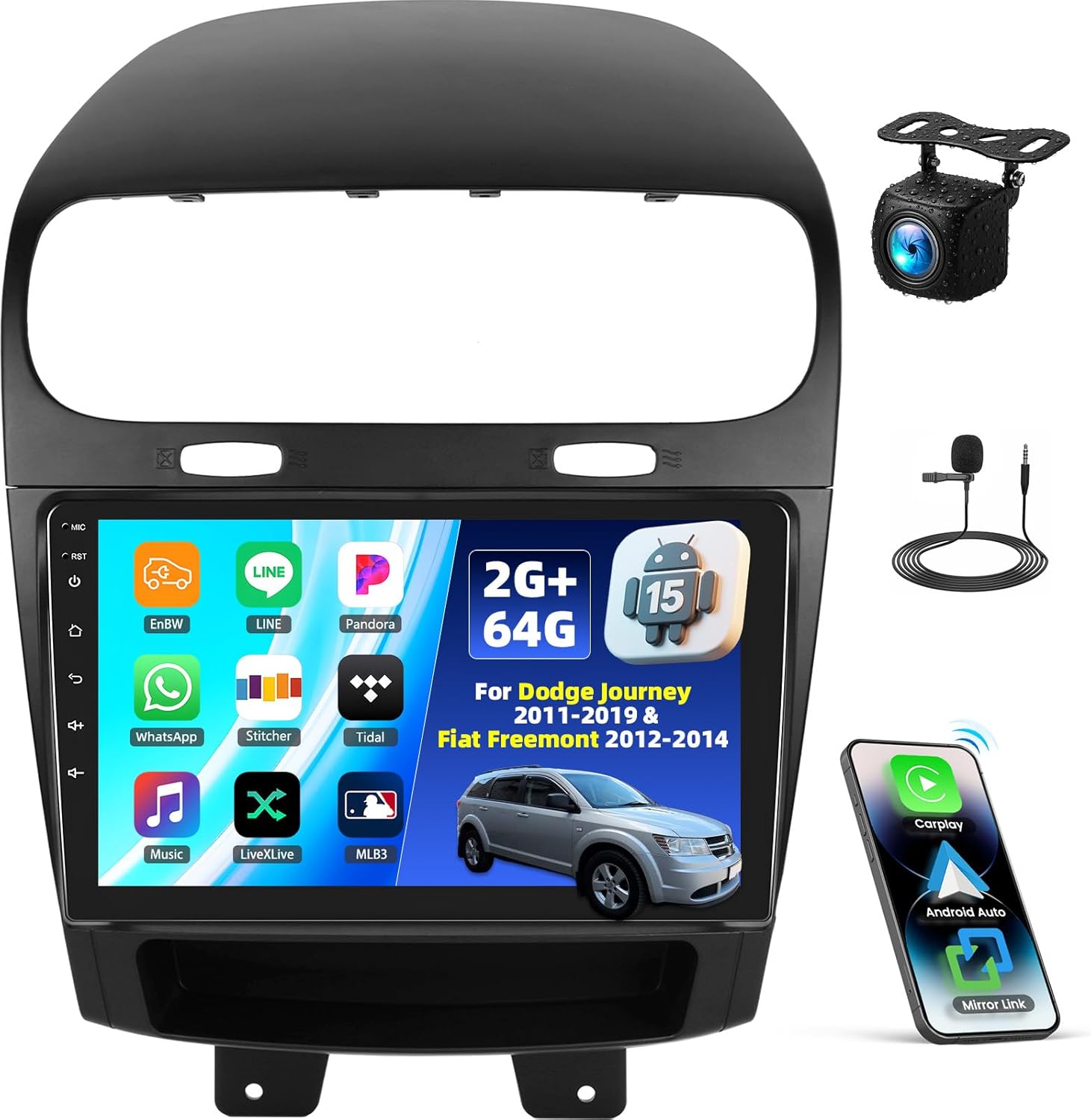 Android 15 Car Radio for Dodge Journey 2011-2019 for Fiat Freemont 2012-2014 with Wireless Carplay Android Auto,9” Touchscreen Car Stereo with Mirror Link WiFi/GPS Bluetooth FM/RDS SWC+Rear Camera