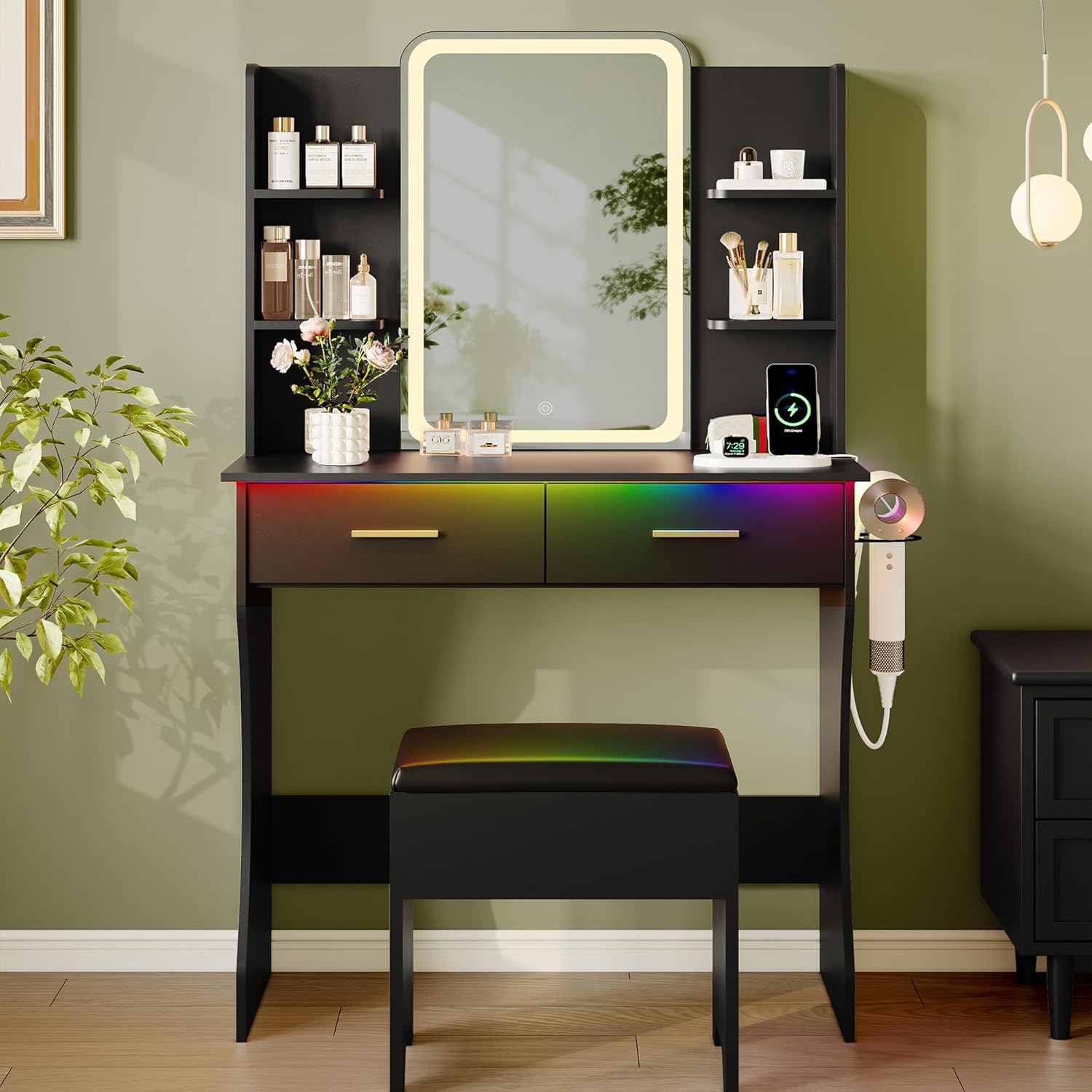 Makeup Vanity Desk with Mirror & Lights, Small Vanity Table Set for Girls with Chair & Power Outlet, Modern Dressing Table with 2 Drawers & 4 Storage Shelves, Adjustable RGB Lighting - Black