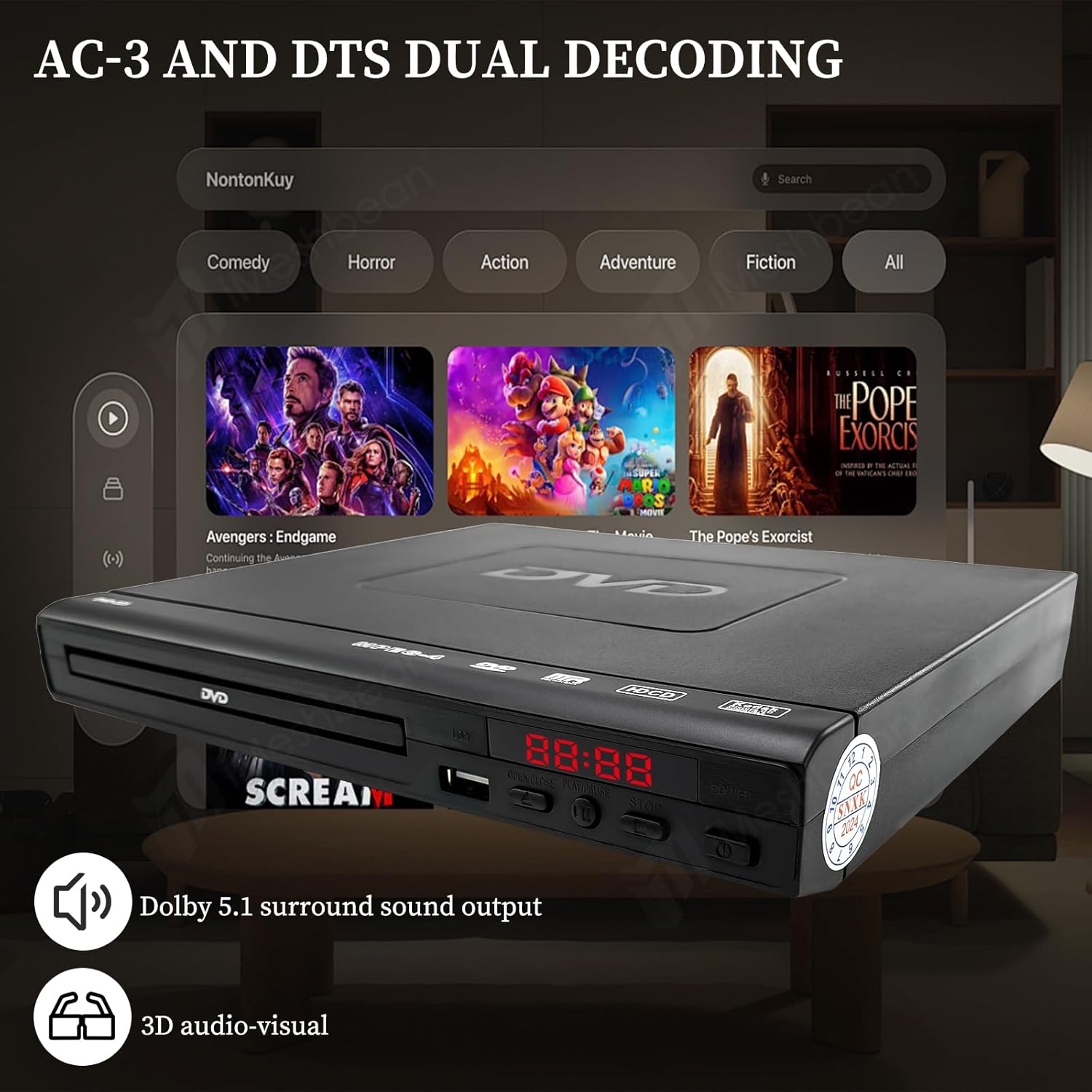 iMeshbean Mini DVD Player in a living room, with a TV displaying a movie selection interface and icons for Dolby 5.1 surround sound and 3D audio-visual.