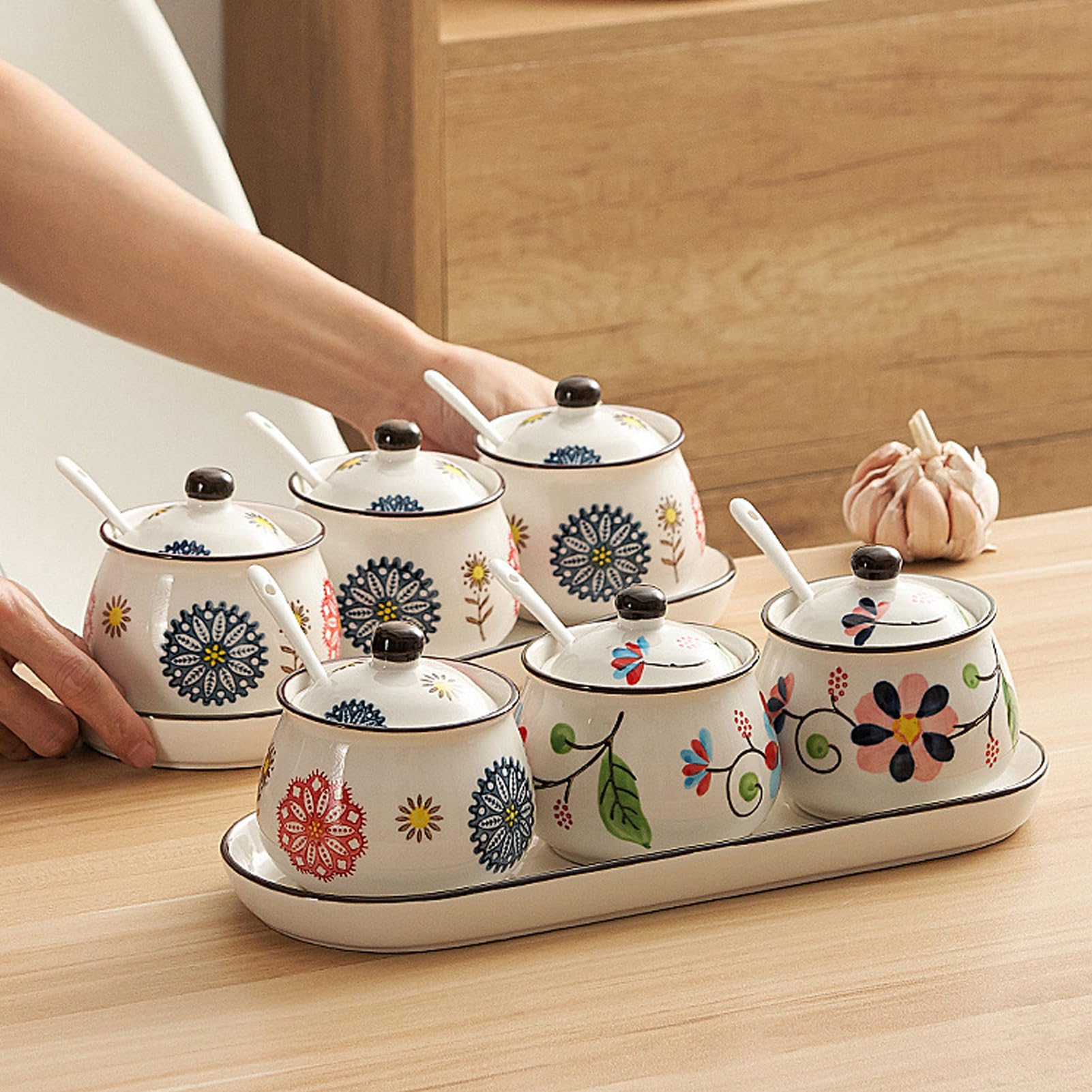 Lot de pots à épices en céramique avec plateau, peints à la main, ensemble de rangement de cuisine