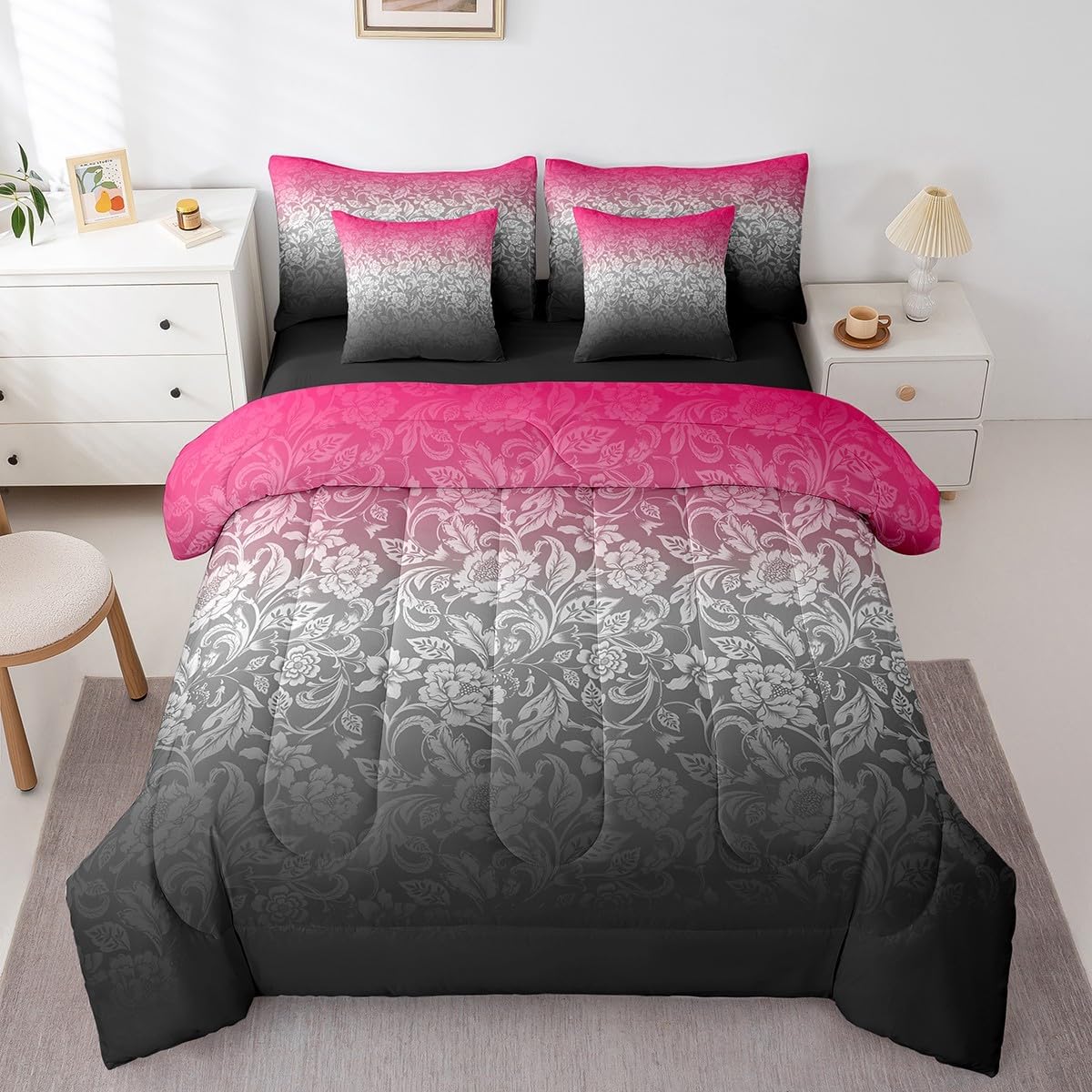 Feelyou Ombre Effects Comforter Set Full Size 7 Pieces Damask Pattern Bedding Set Rose Black Ombre Modern Bed in a Bag with Comforter, Sheets, Pillowcases & Cushion Cover Abstract Art Design Bed Set