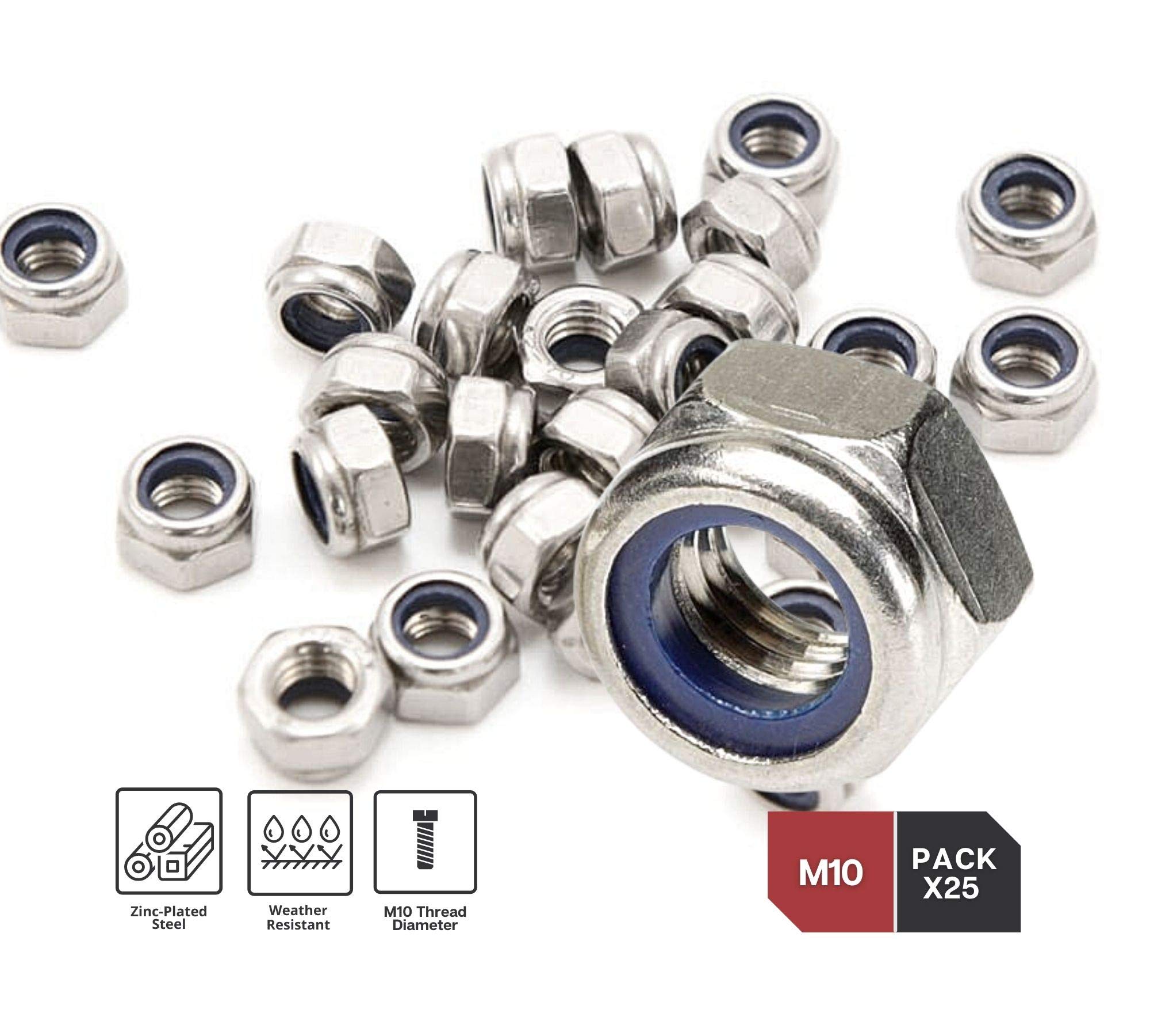 DOJA INDUSTRIAL | Dadi Autobloccanti | Filettatura M10 | 25 Pezzi | Acciaio Zincato | Dadi di Sicurezza Esagonali con Barre Filettate | Ampio Uso: Ferramenta, Idraulica, Ferramenta, Domestico