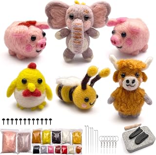 PokeaFluffy Needle Felting Kit, 6 Pcs Animal Needle Felting Starter Kit for Beginner & Adult, Wool Felt Set with Instruction, Wool Roving, Foam Mat, DIY Home Decoration Craft Holiday Gift Idea