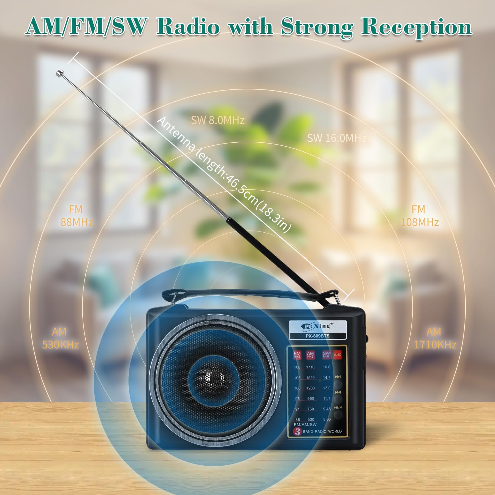 Radio rétro Portable, Radio Bluetooth AM/FM/SW compacte avec Panneau Solaire, éclairage LED Portable, Batterie Rechargeable, Support pour Carte TF/USB-MP3 Player (Noir)