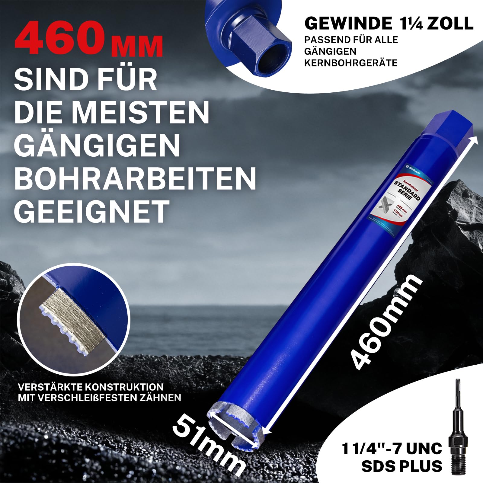Wiertło rdzeniowe 51 mm z SDS Plus (1-1/4 cala) – głębokość cięcia 410 mm – wiercenie na mokro diamentowa koronka wiertnicza do betonu zbrojonego, muru, kamienia, cegły (łącznie 460 mm)