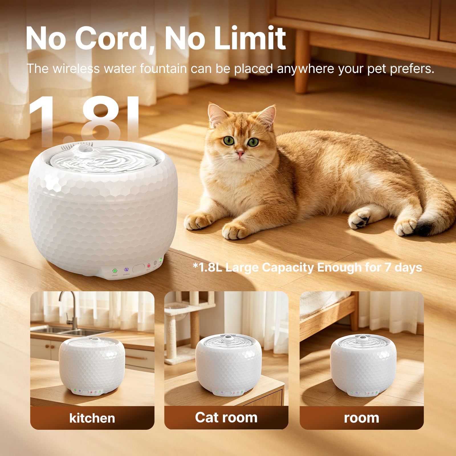 Fuente para Gatos 1,8 l/62oz,Fuente De Agua para Gatos Red Dot Award Ganador,Fuente para Bebedero Gatos con Bomba Ultrasilenciosa, Dos Modos de Flujo, Incluye 3 filtros (Fuente para Gatos sin Cable 2)