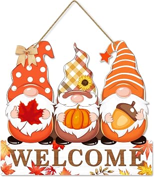 Fall Welcome Door Sign Decor, Gnomes Fall Hanging Sign Thanksgiving Wooden Signs Decorative Wall Plaque, Rustic Front Door Yard Farmhouse Home Autumn Harvest Decorations
