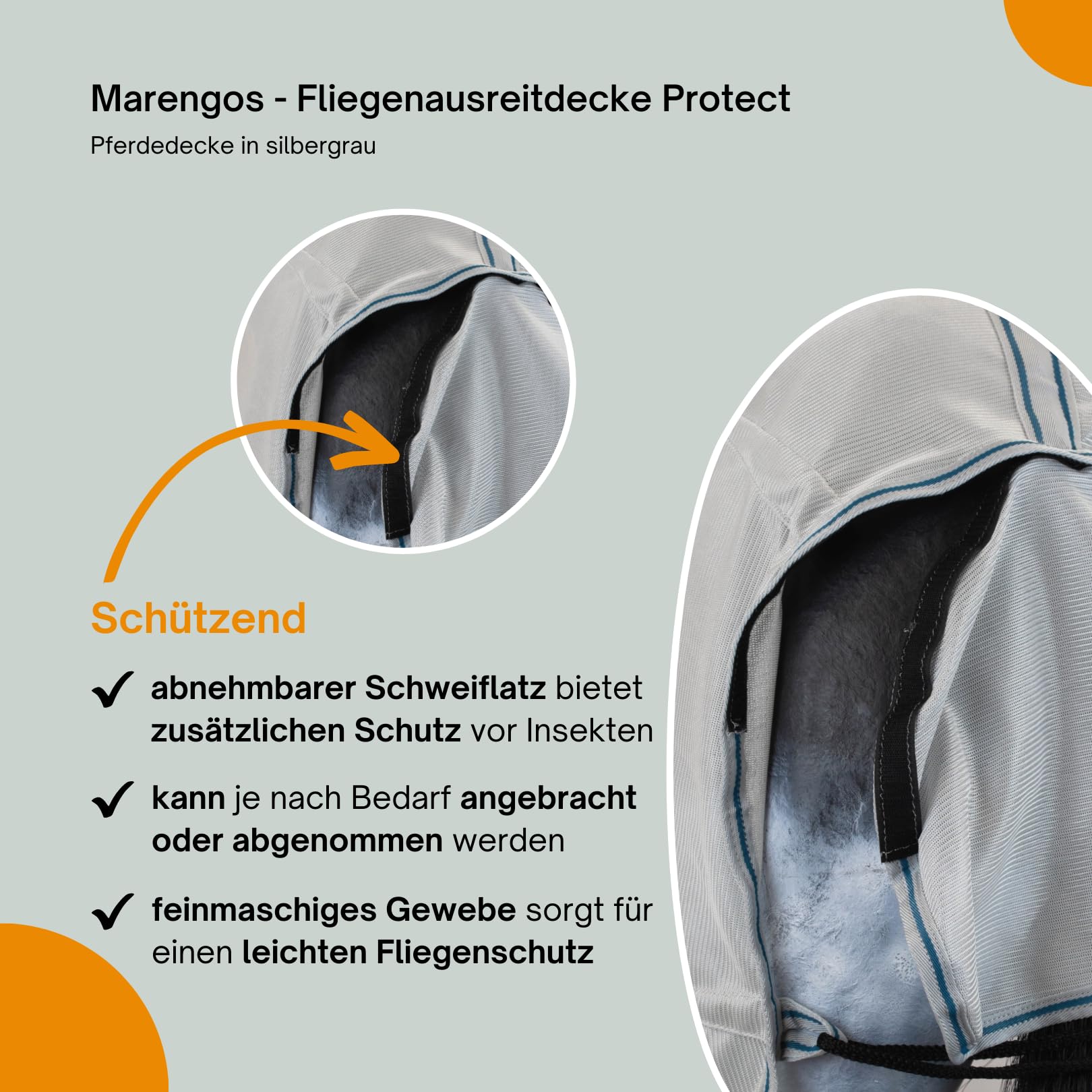 Marengos - Fliegenausreitdecke Protect | Pferdedecke mit Sattelausschnitt | feinmaschige Fliegendecke schützt vor Insekten | mit abnehmbarem Schweiflatz | Outdoor-Pferdedecke in Silbergrau | 145 cm
