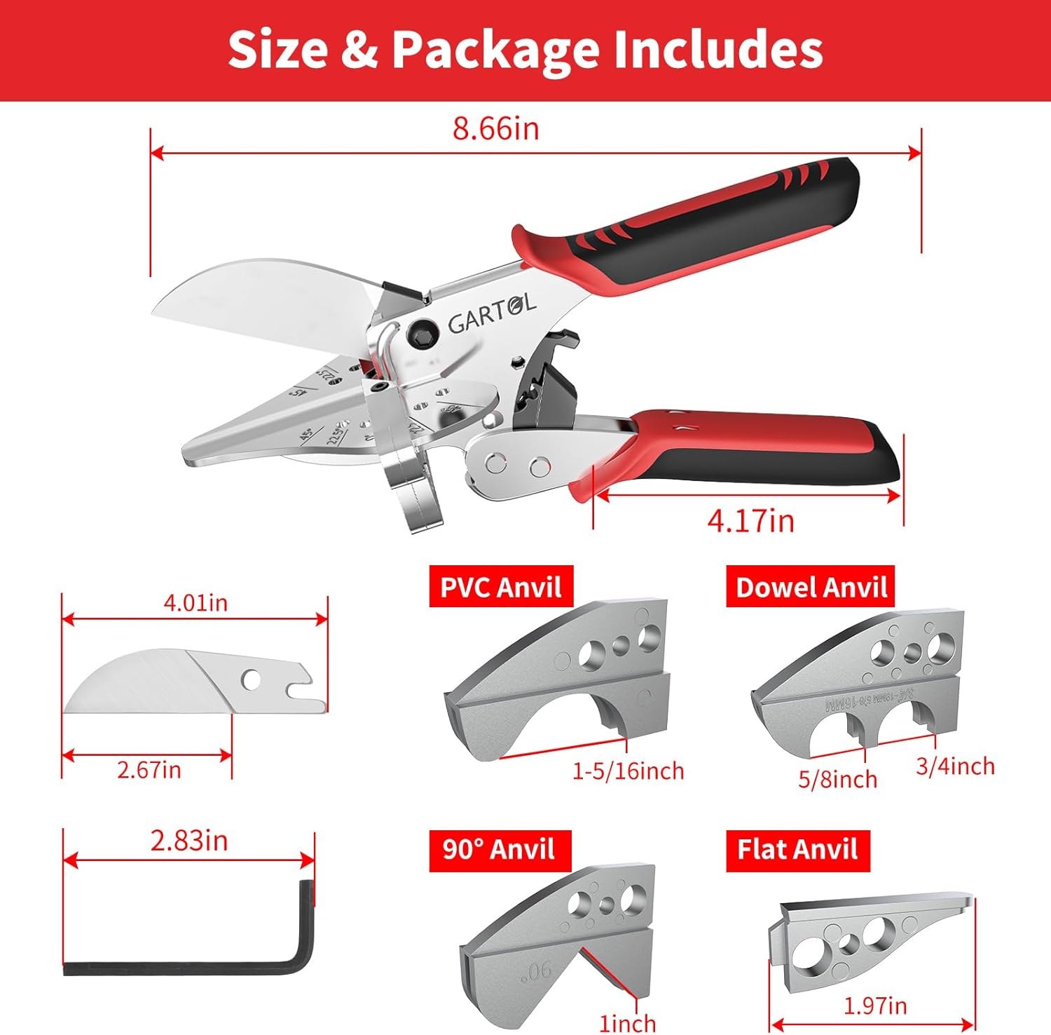 GARTOL Adjustable Ratchet Miter Shears, Precision Multi-Angle Cutter for Quarter Round, Shoe Molding & PVC Trim, 5 Interchangeable Anvils with SK5 Blade, Ideal for Home Renovation & DIY Crafts