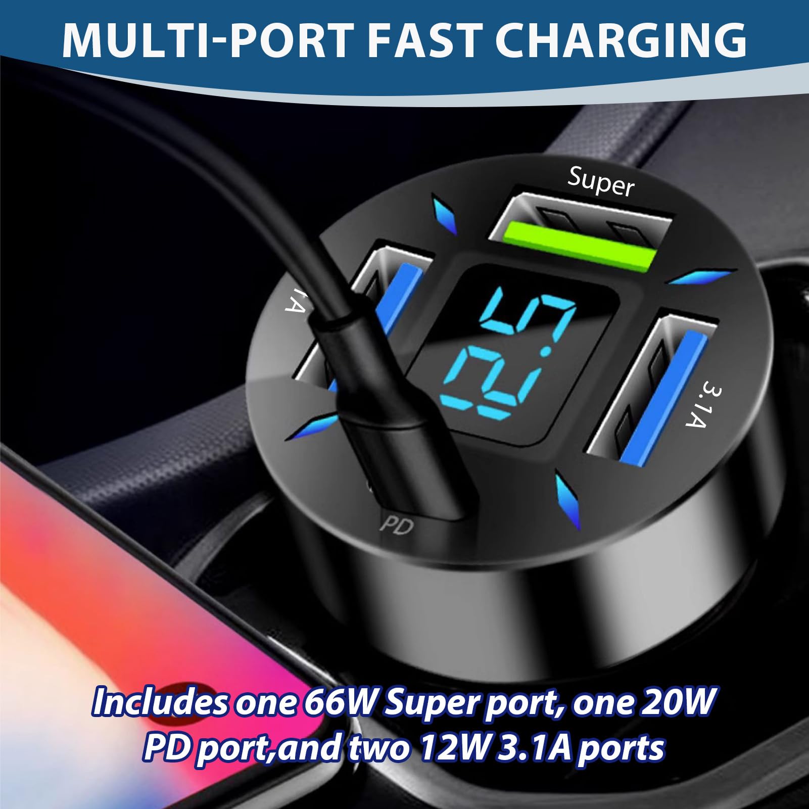 2 PCS 66W Cargador Mechero USB Carga Rapida, Super y QC3.0 & PD 4 Puertos Cargador Movil Coche con Voltímetro Led Compatible con Múltiples Dispositivos y Todos Los Teléfonos Inteligentes - 4